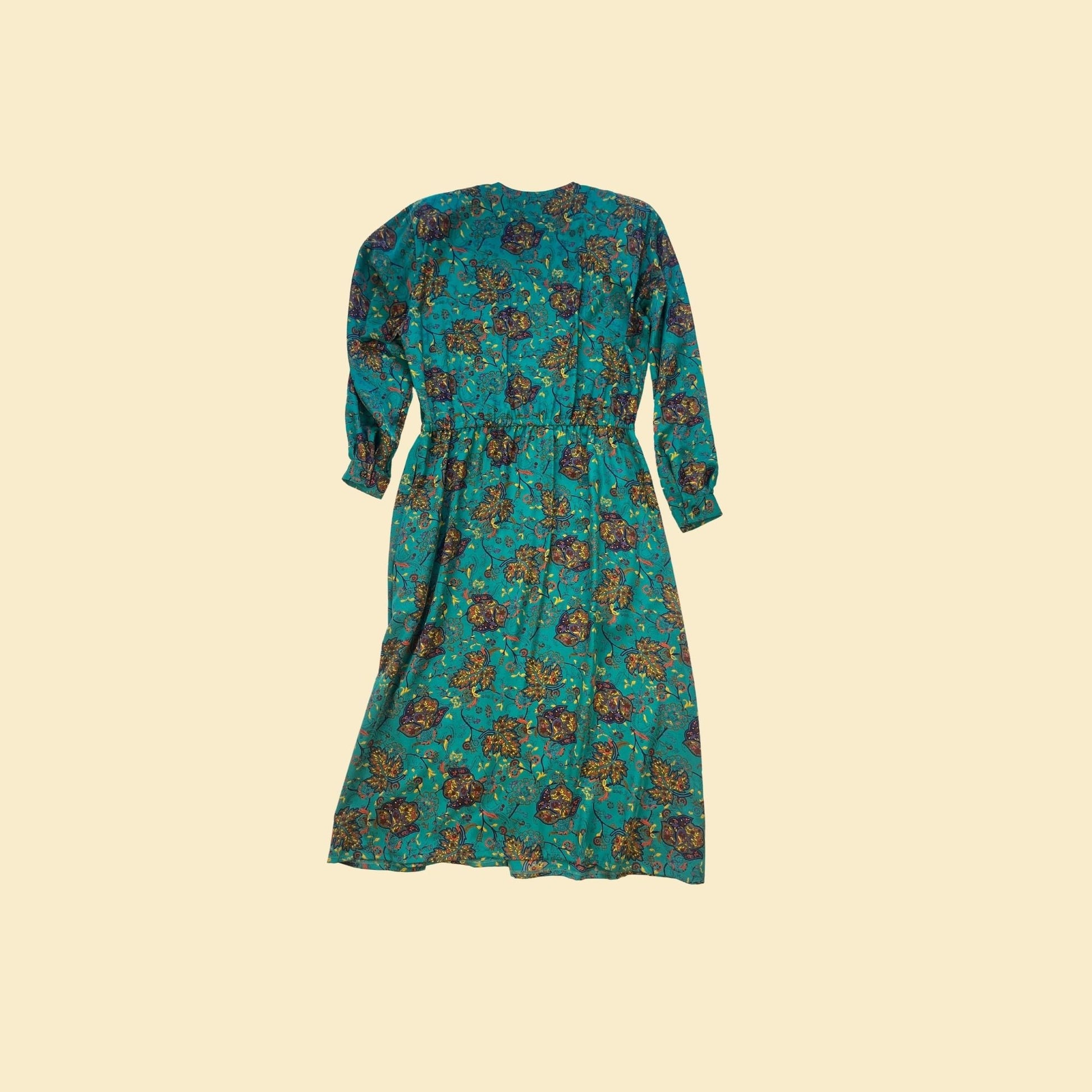 1990s teal blue & purple maxi dress by Liz Claiborne, size 12P vintage 1990s long sleeve floral paisley dress w/ belt