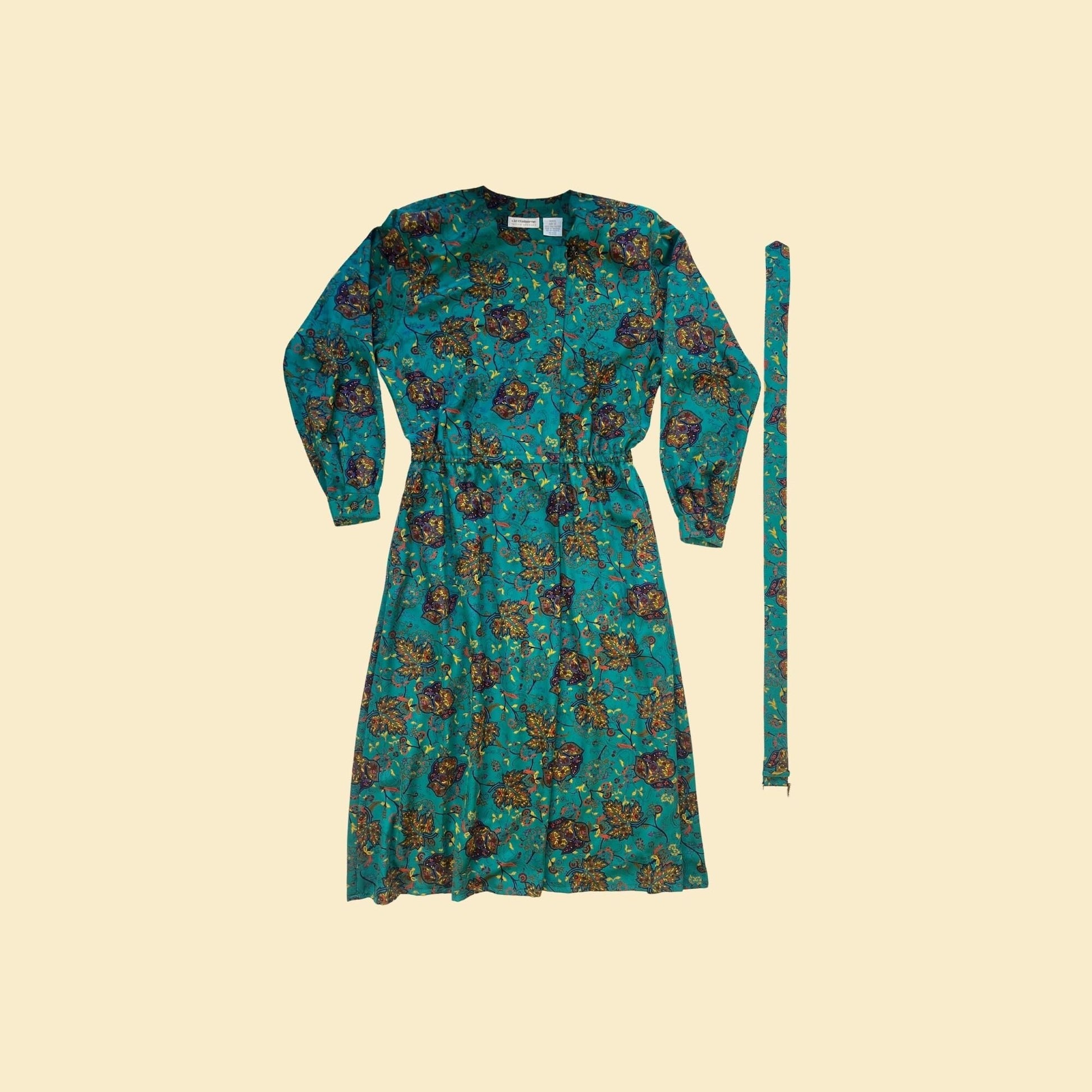 1990s teal blue & purple maxi dress by Liz Claiborne, size 12P vintage 1990s long sleeve floral paisley dress w/ belt