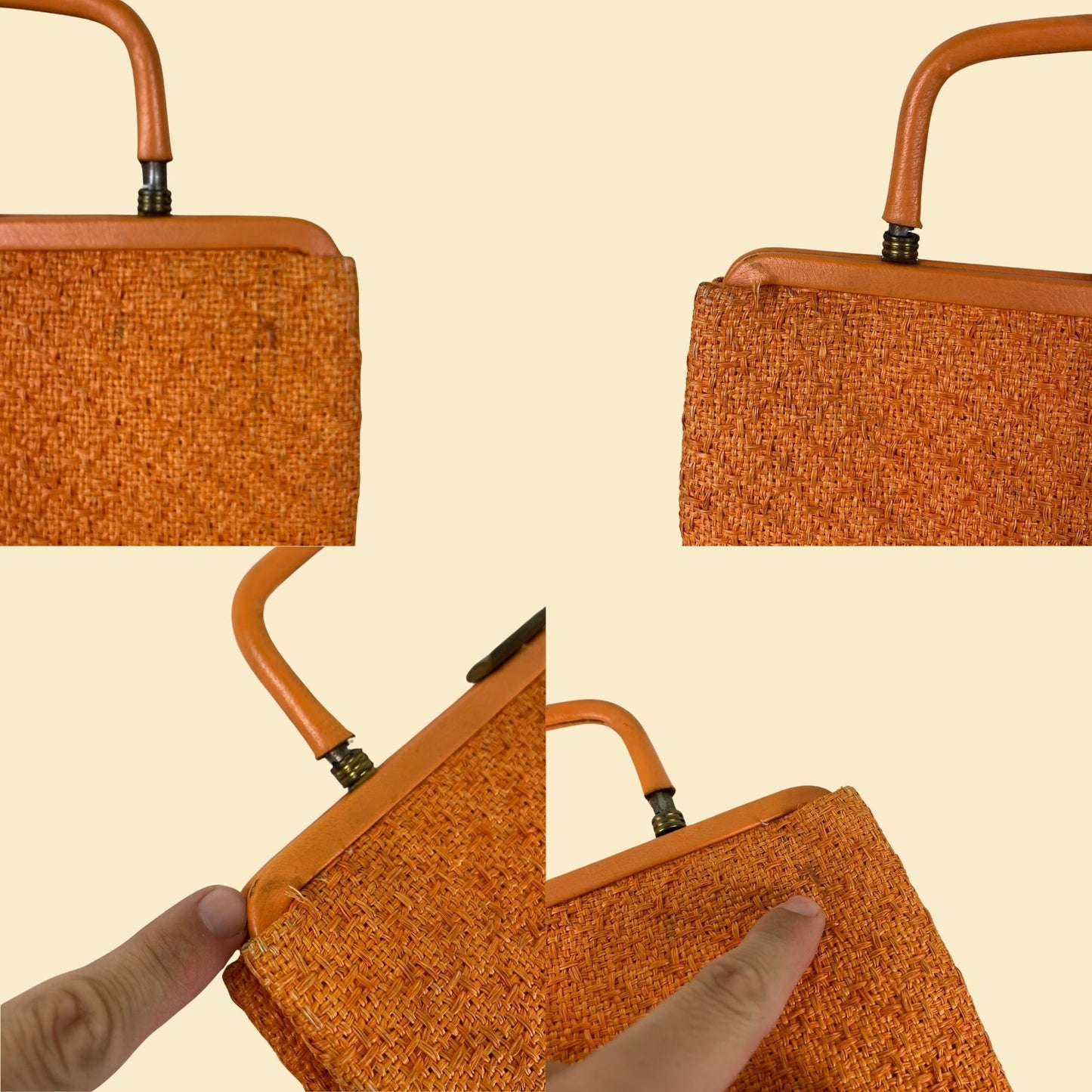 1960s orange wicker bag, vintage mod 60s top handle handbag w/ brass hardware