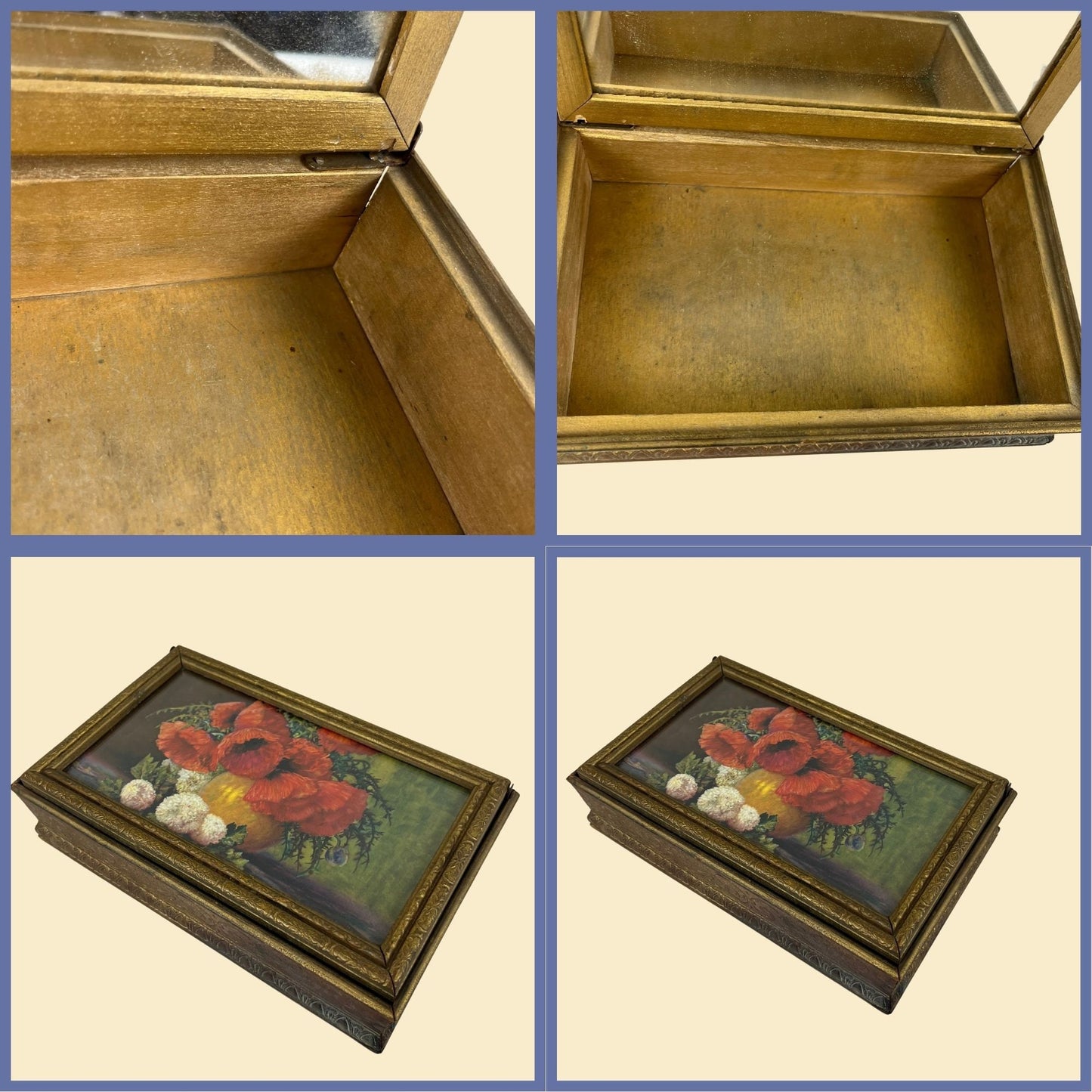 1970s gold-tone wooden box w/ floral framed print lid, vintage 70s red & white flower box