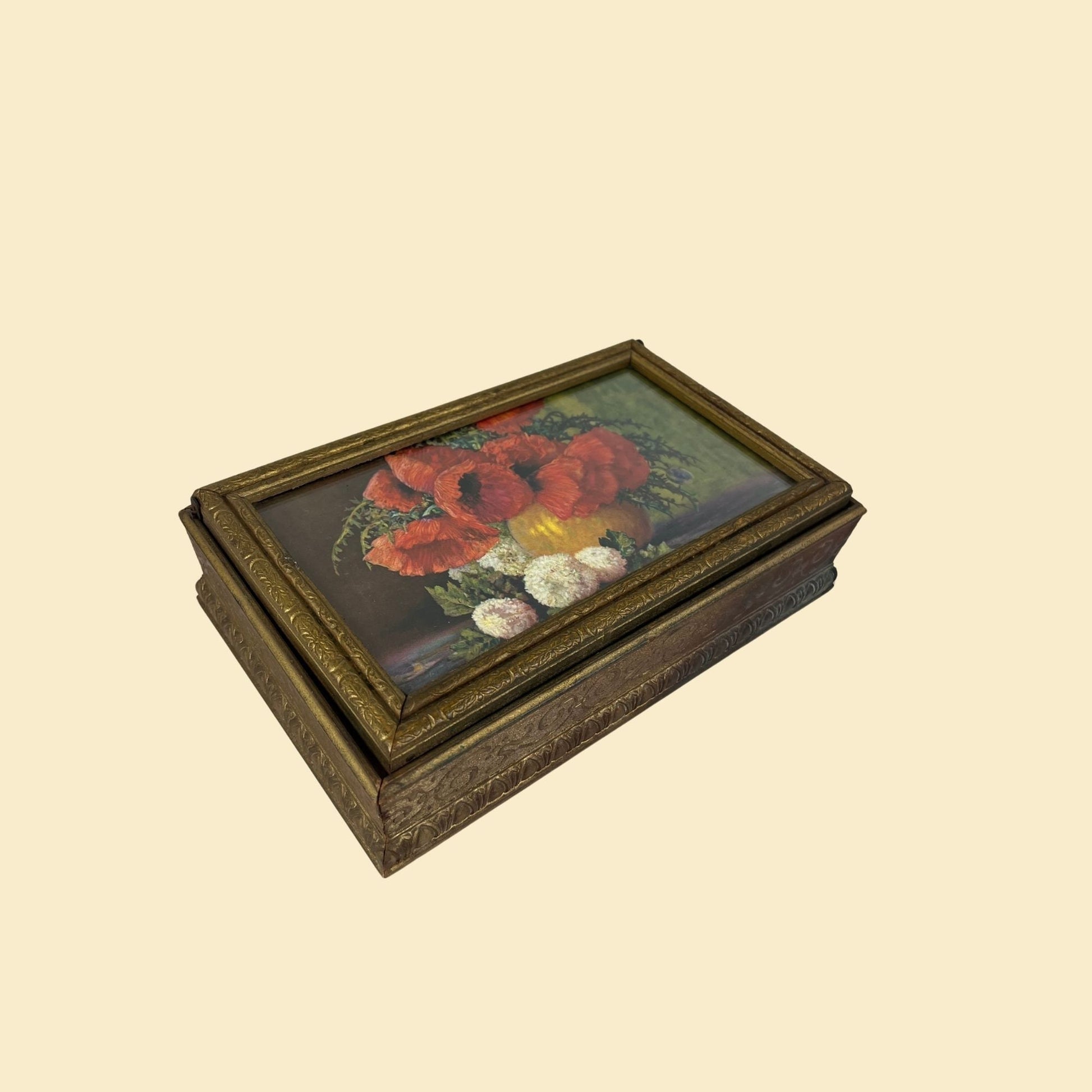 1970s gold-tone wooden box w/ floral framed print lid, vintage 70s red & white flower box