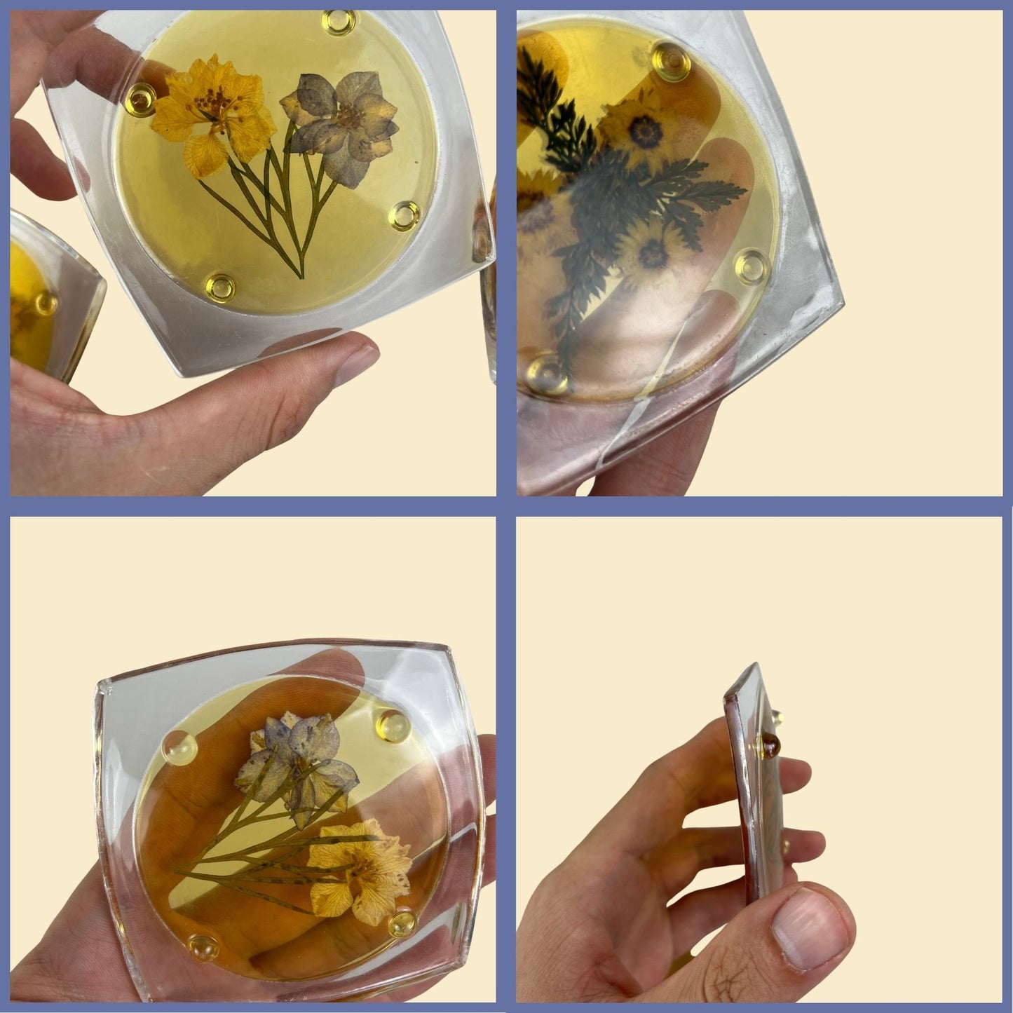 Vintage 70s pressed flower coasters, set of four 1970s lucite dried flower coasters