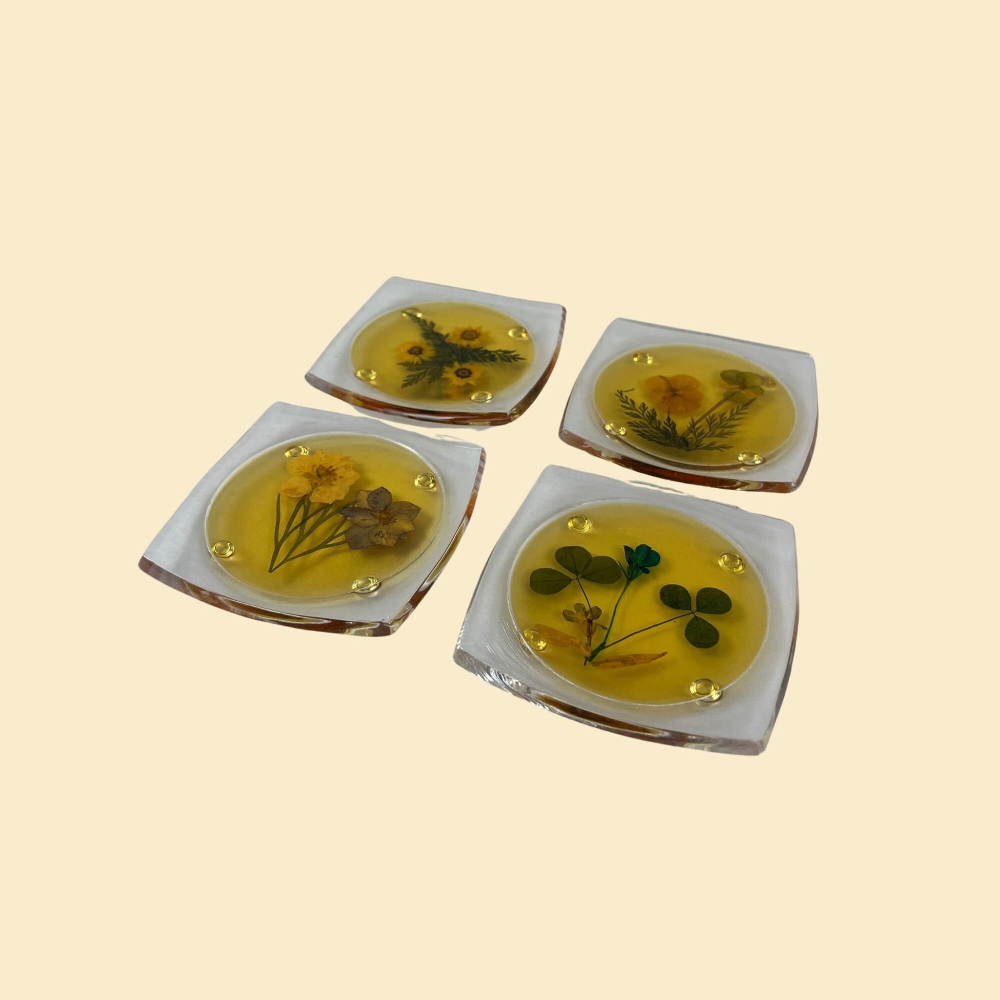 Vintage 70s pressed flower coasters, set of four 1970s lucite dried flower coasters