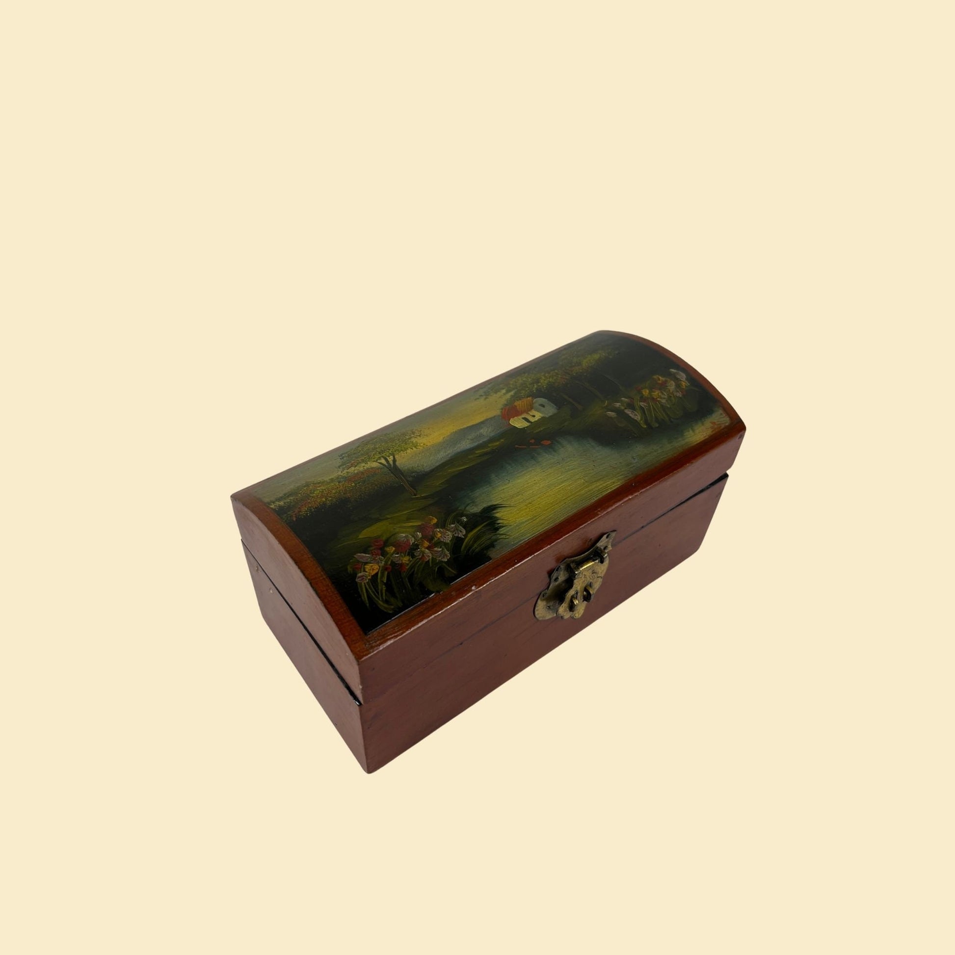 1960s hand-painted wooden box w/ landscape scene, vintage 60s wooden latch box