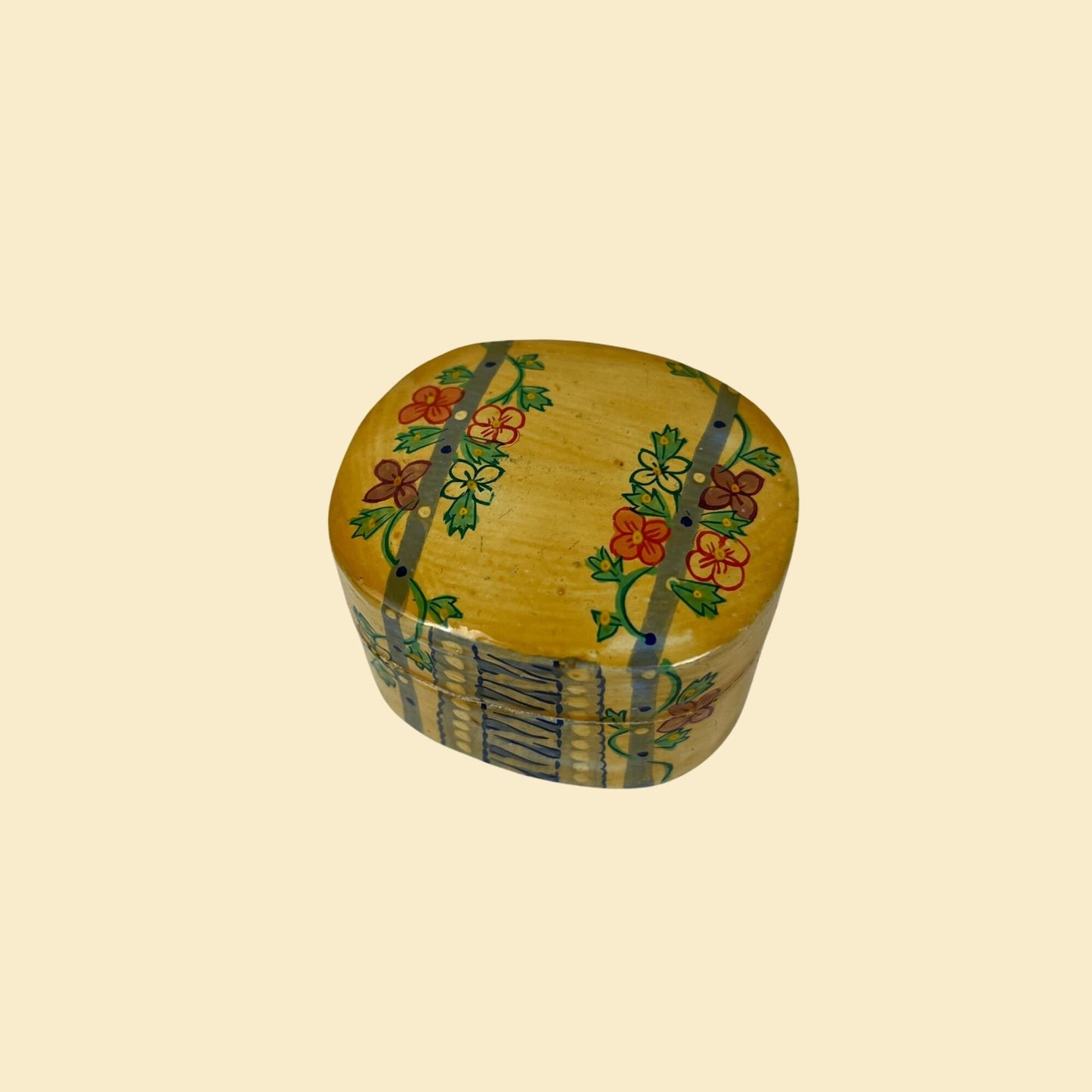 1970s yellow lacquer box w/ floral design, vintage 70s yellow, blue, green & red small lacquerware container