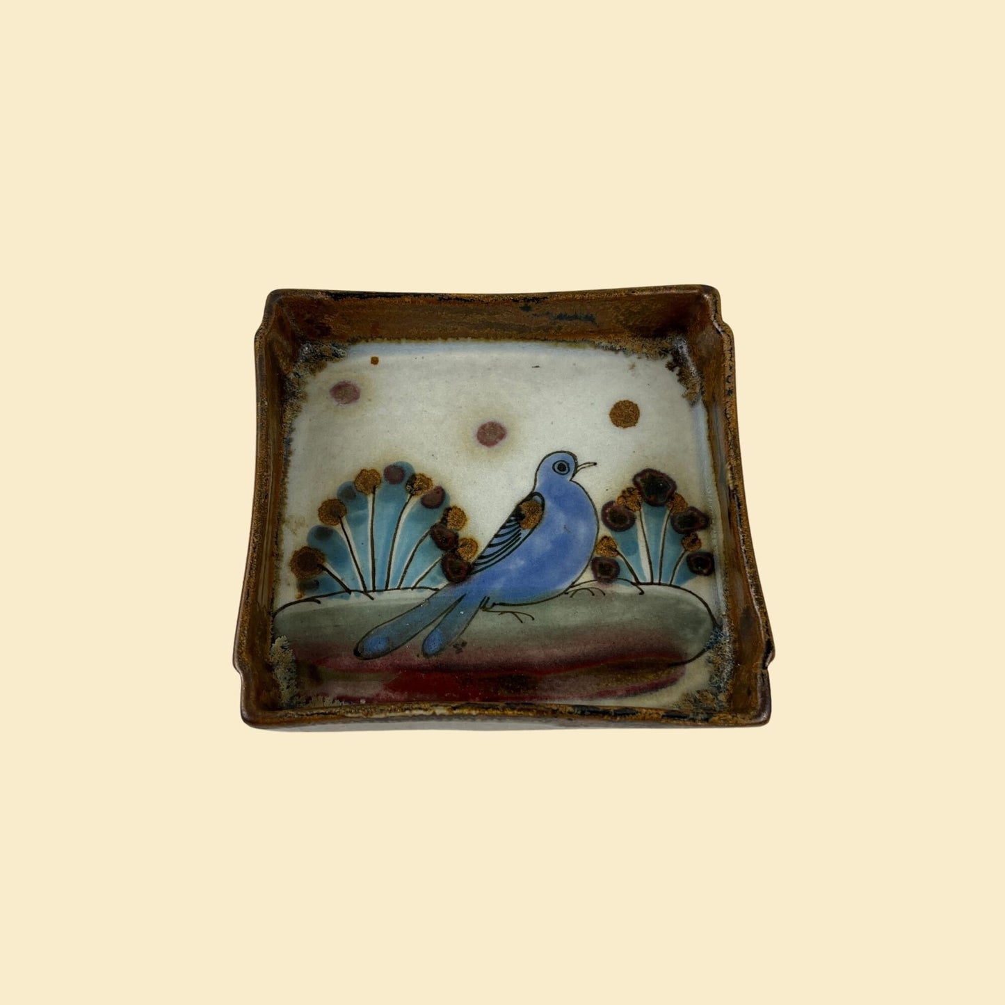 1970s Ken Edwards bird dish, vintage 70s rectangular ceramic catch all dish w/ blue bird design