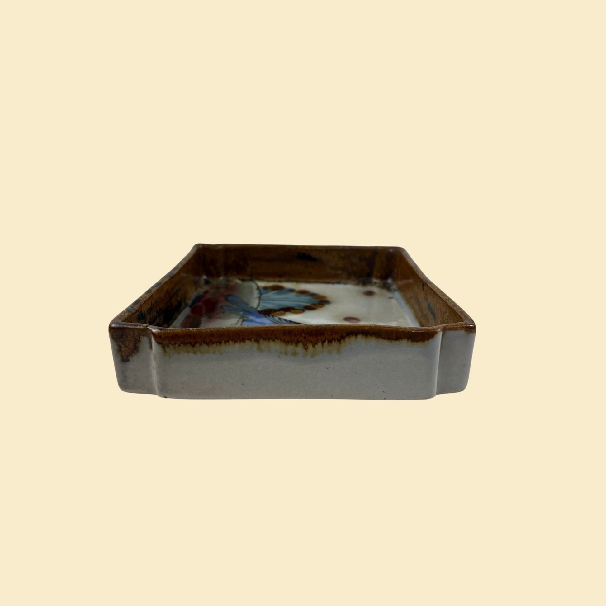 1970s Ken Edwards bird dish, vintage 70s rectangular ceramic catch all dish w/ blue bird design