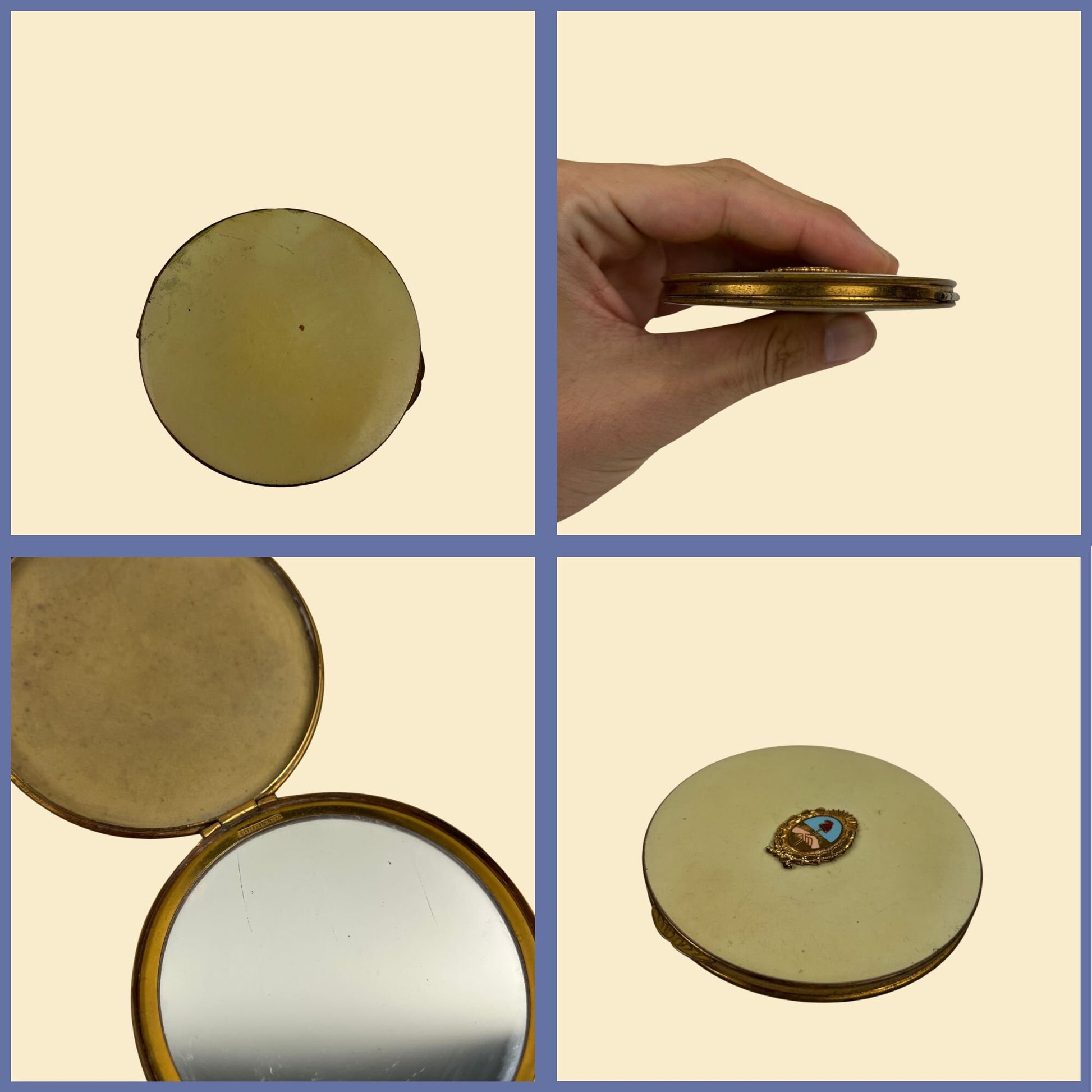 1930s Stratton of England powder compact, white & brass-toned vintage 30s circular make-up compact