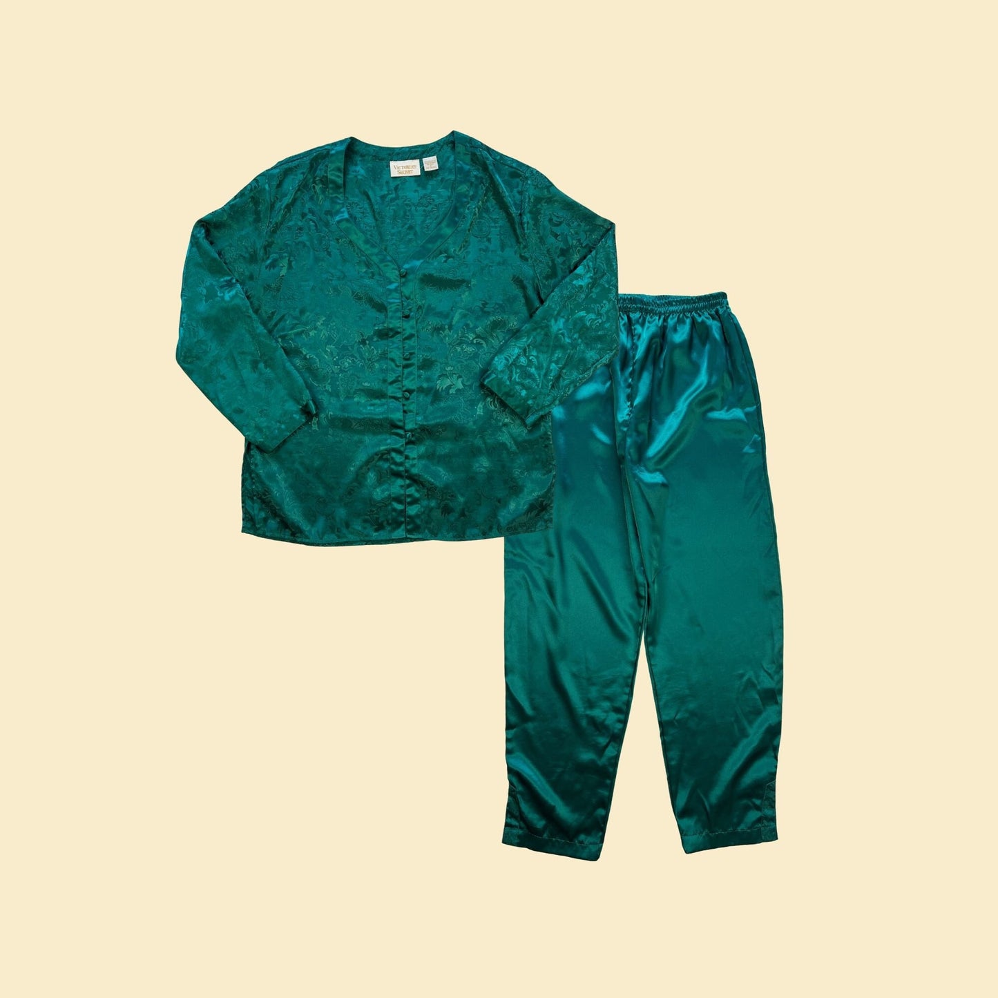 1990s Victoria's Secret 2-piece pajama set, vintage 90s size S satin emerald green women's pajamas