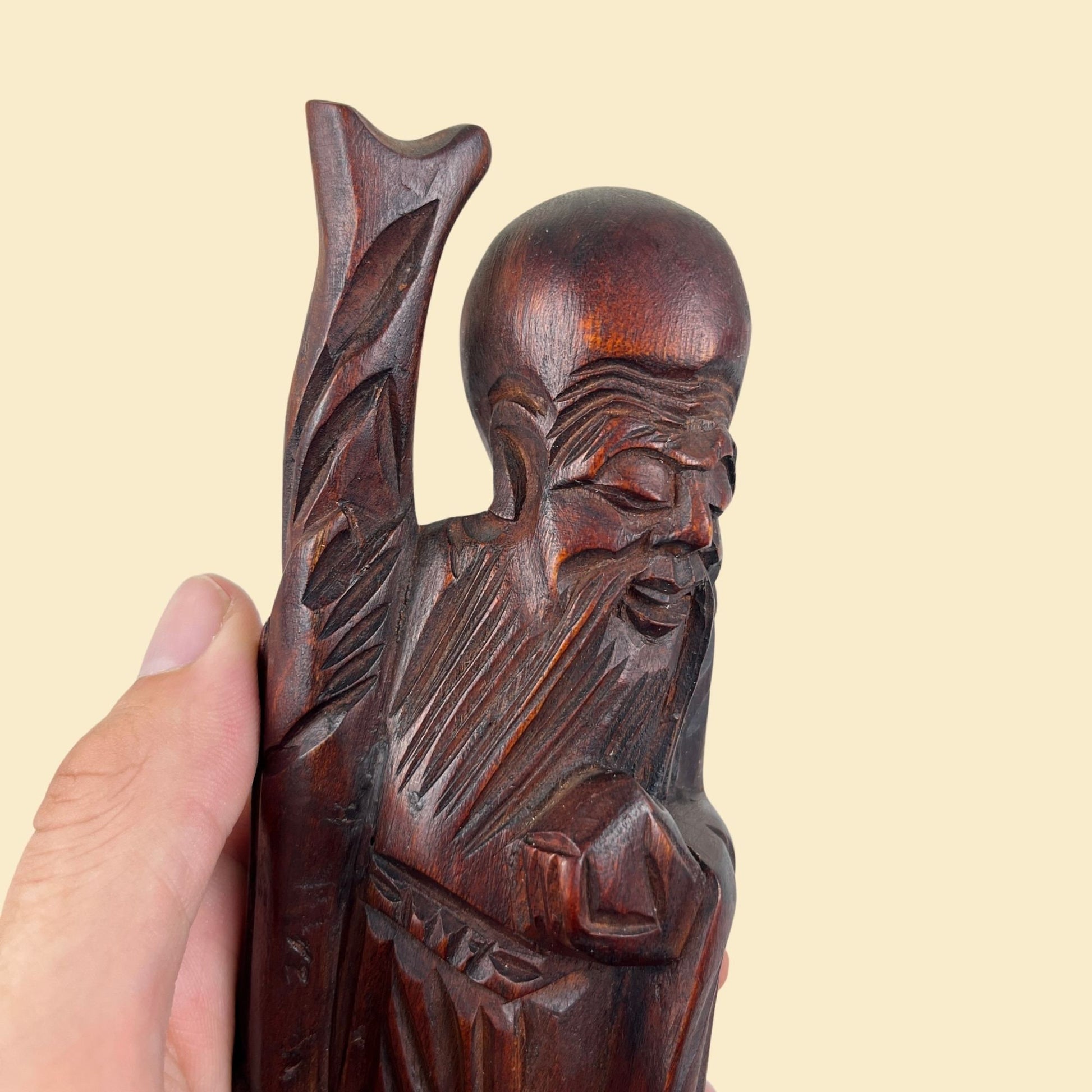 1960s hand carved Chinese God of Longevity (Shouxing) statue, vintage wooden Shouxing sculpture