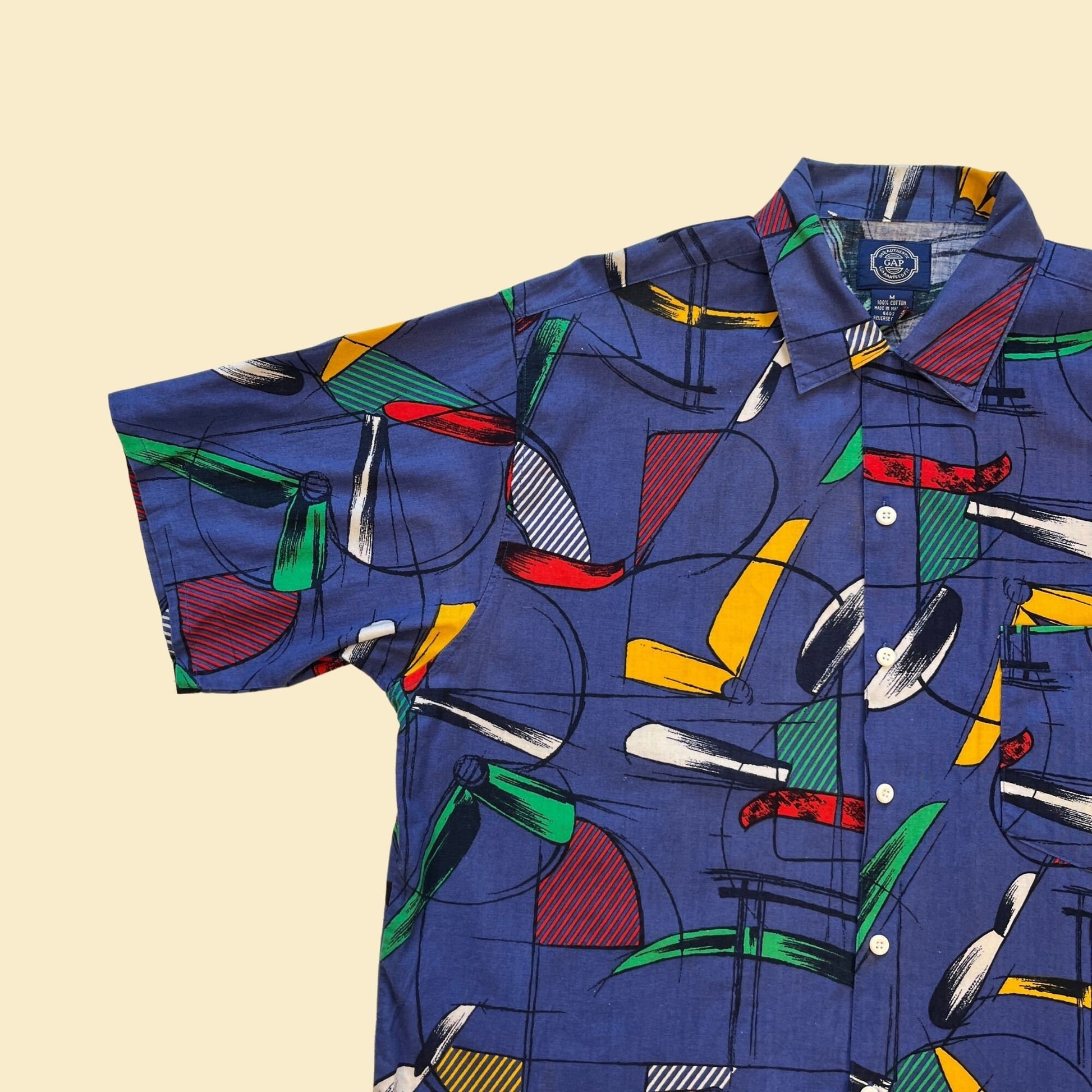 1990s abstract men's shirt, size M vintage 90s blue, red & green geometric short sleeve top