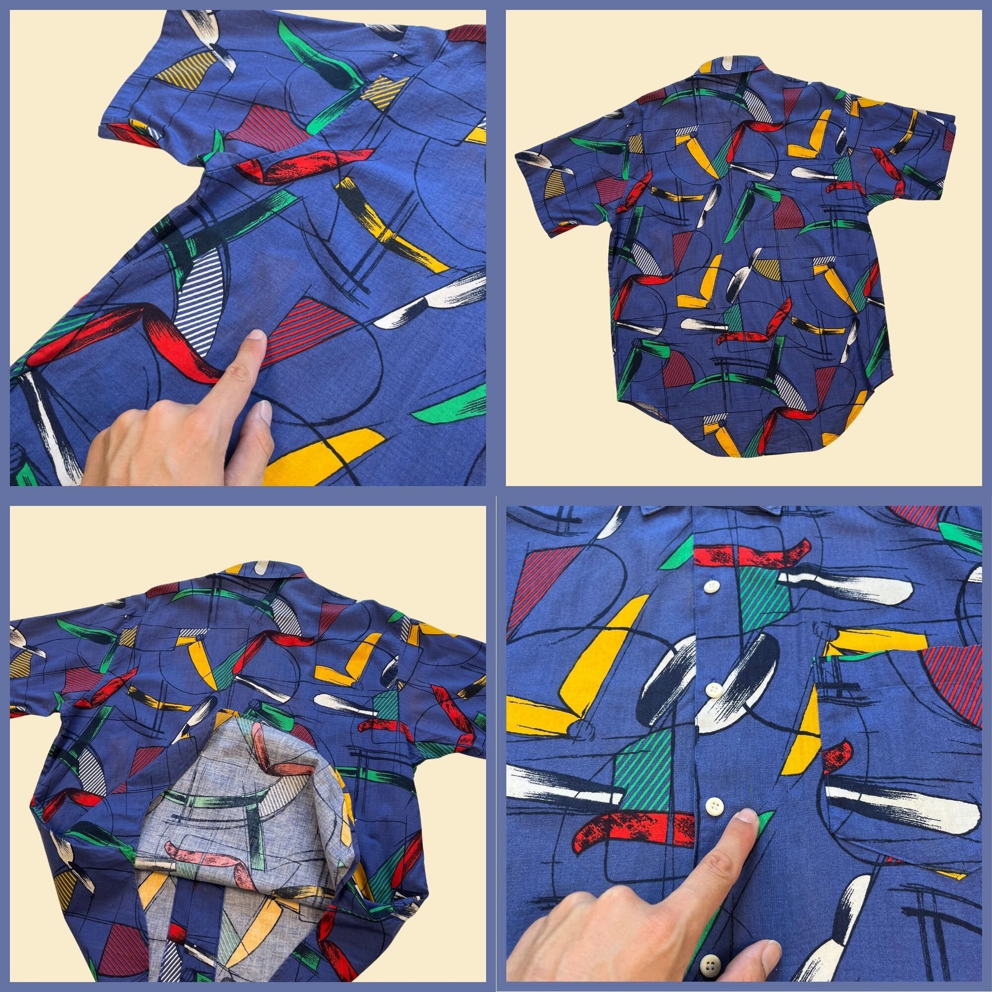 1990s abstract men's shirt, size M vintage 90s blue, red & green geometric short sleeve top