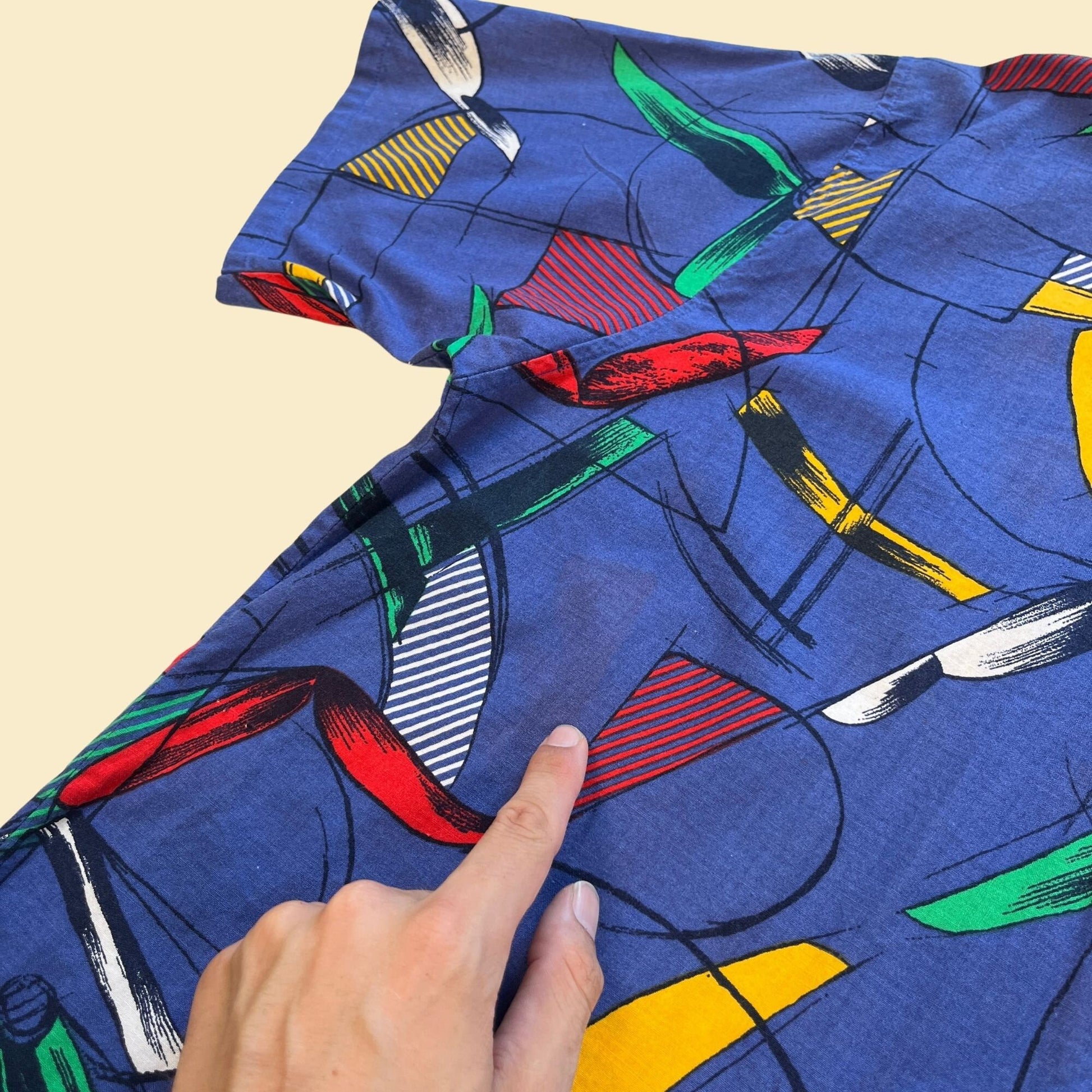 1990s abstract men's shirt, size M vintage 90s blue, red & green geometric short sleeve top