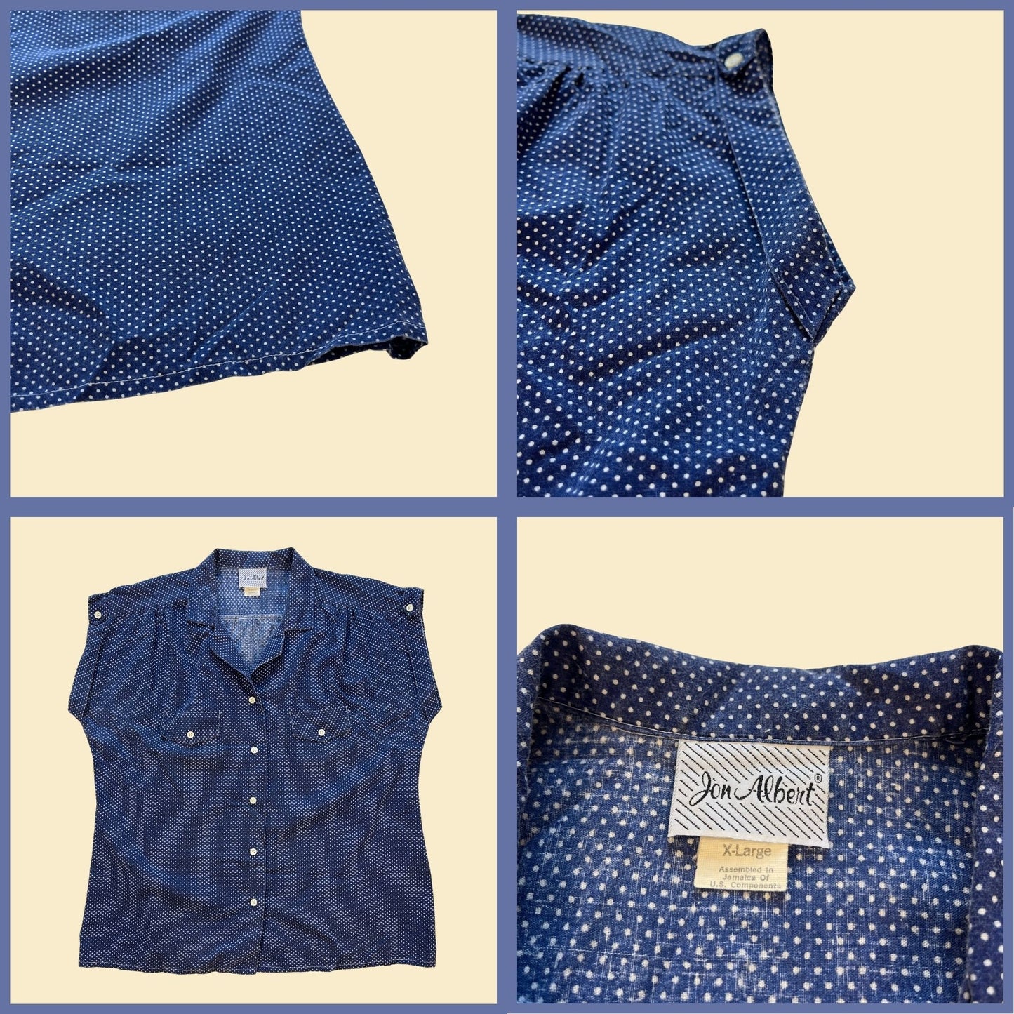 70s/80s blue polka dot blouse, size XL vintage 1970s blue & white short sleeve women's button down shirt