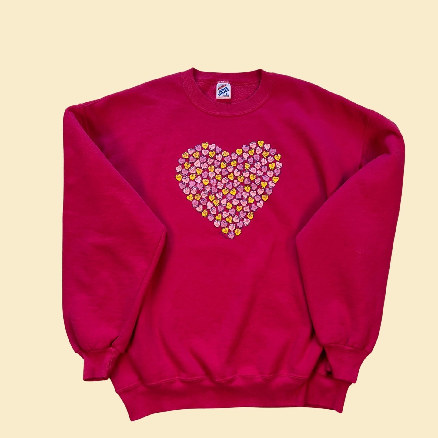 90s candy heart sweatshirt by Jerzees, size XL vintage 1990s pink valentine's day crewneck