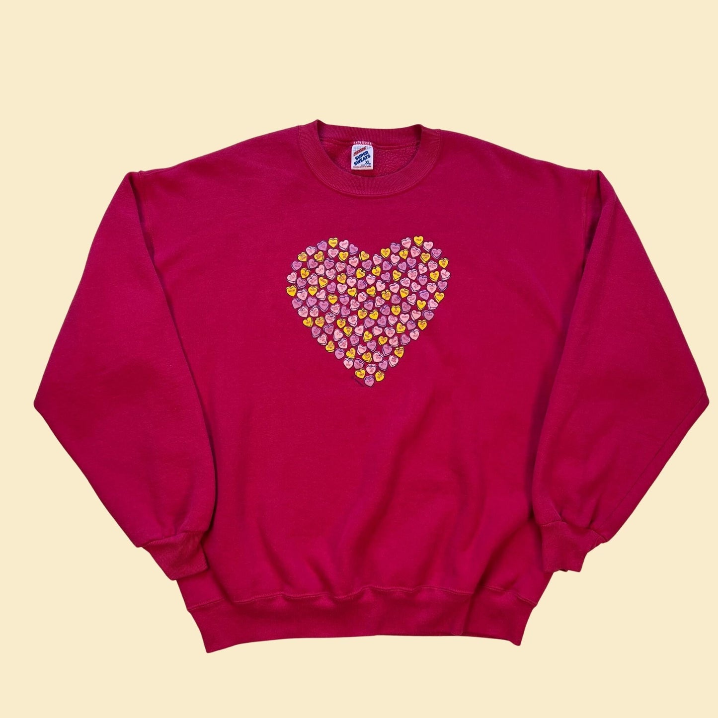 90s candy heart sweatshirt by Jerzees, size XL vintage 1990s pink valentine's day crewneck