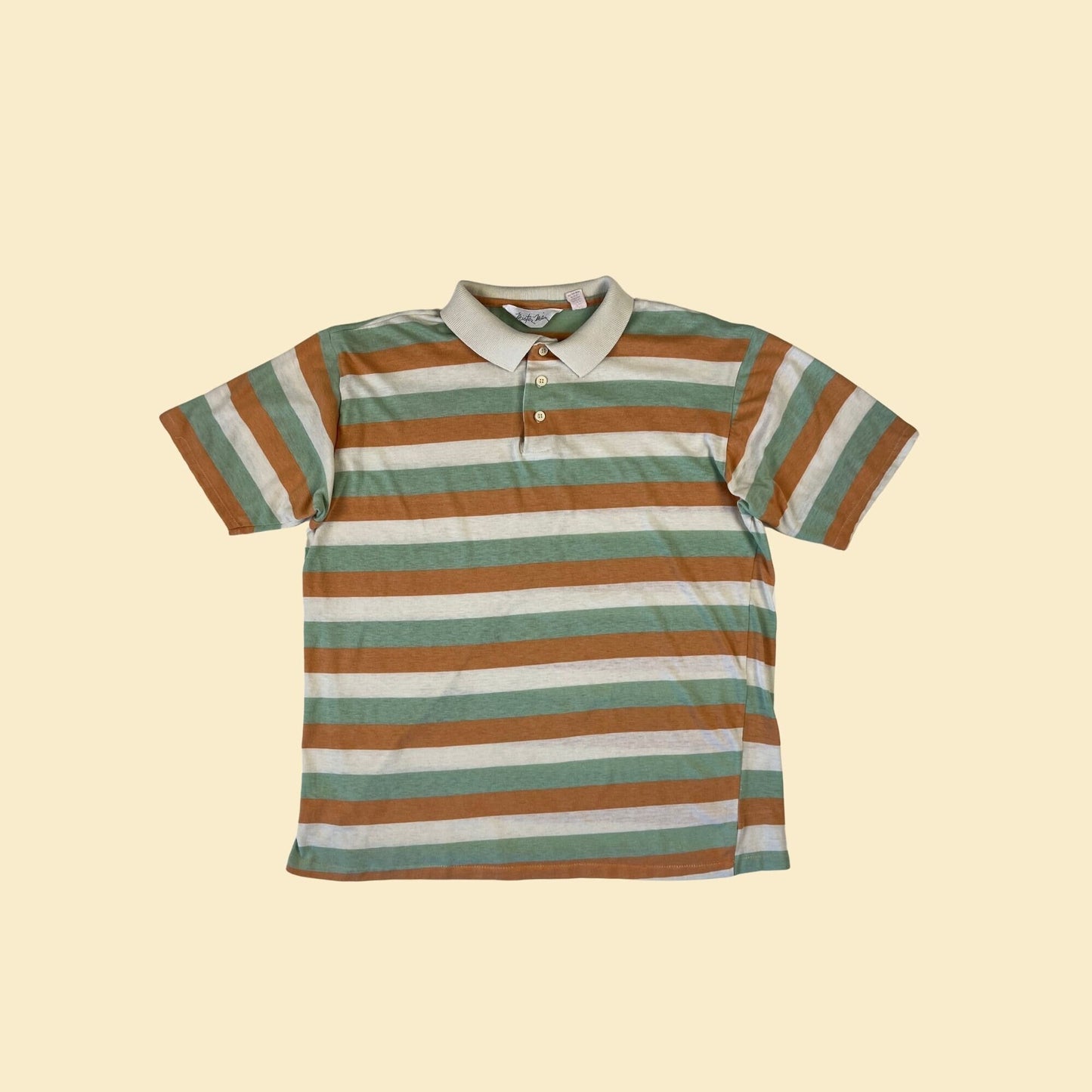 70s/80s striped polo shirt by Mister Man, vintage size XL green/orange/white short sleeve shirt