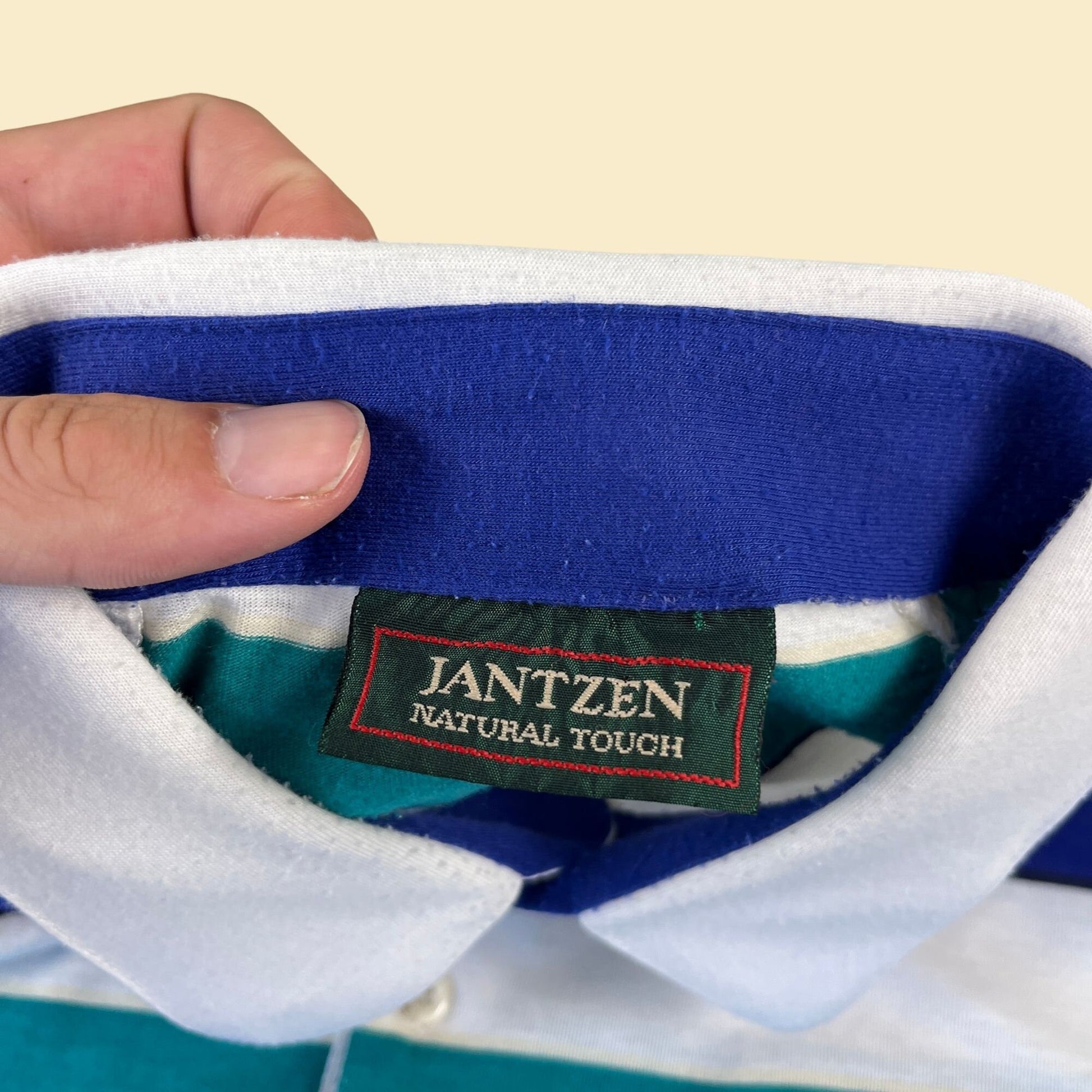 1980s Jantzen polo shirt, vintage 80s striped blue, teal & white men's short sleeve shirt