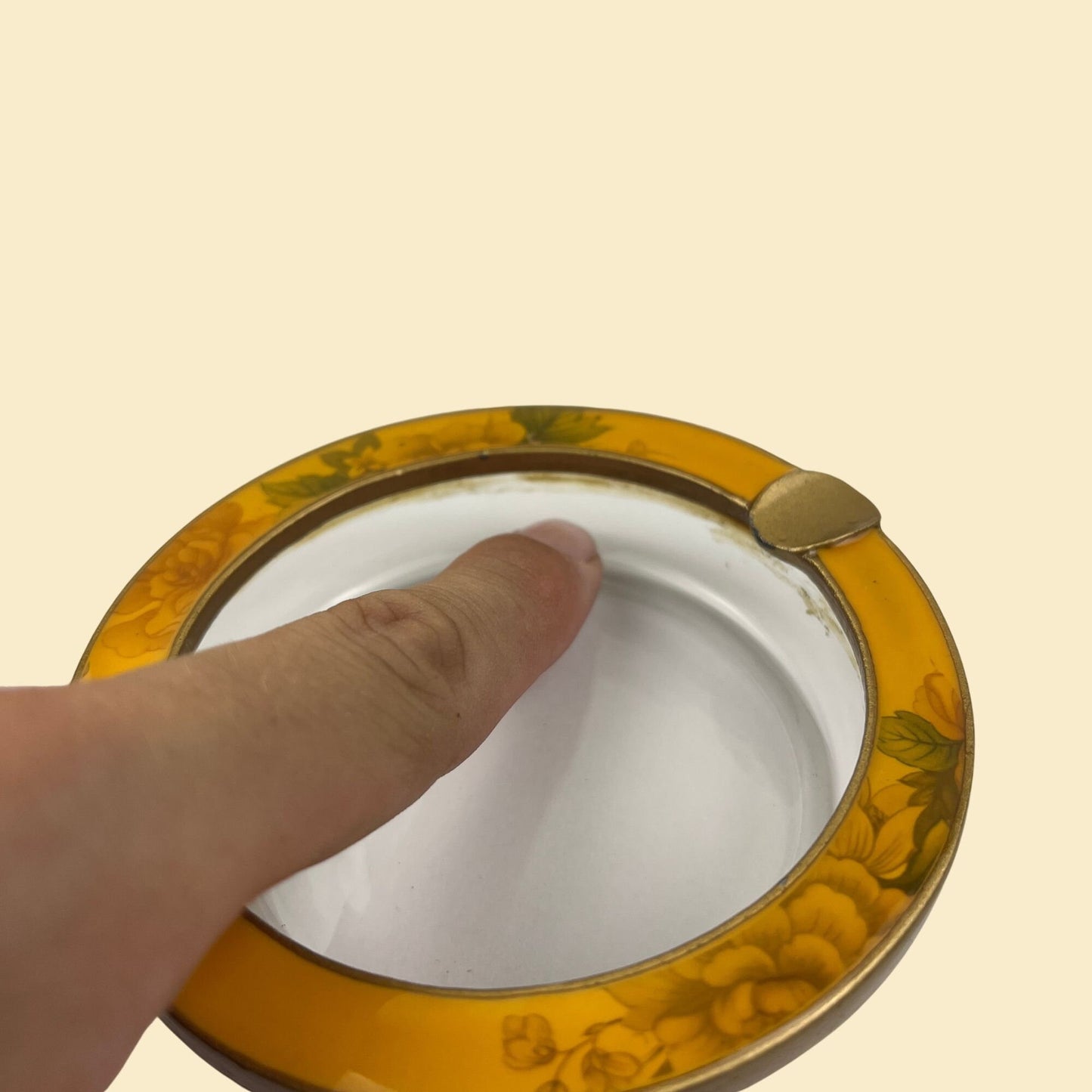 1960s ash tray, glass & enamel floral yellow vintage 60s ash tray w/ gold-toned trim