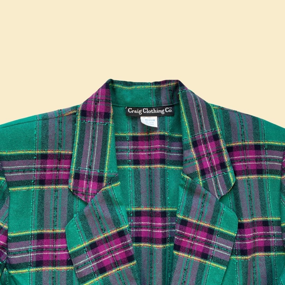 Vintage 70s/80s women's blazer by Craig Clothing Co., 1970s teal & purple plaid women's jacket