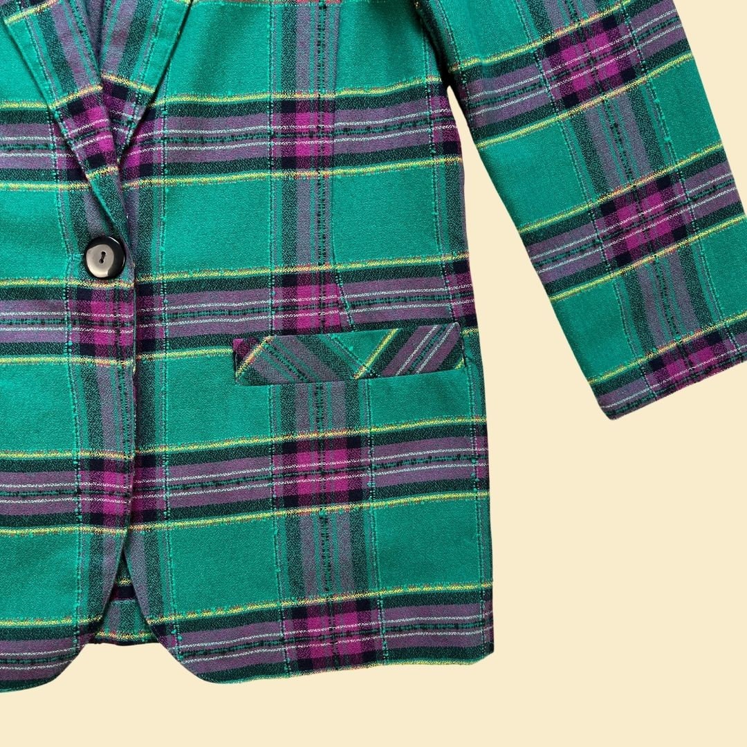 Vintage 70s/80s women's blazer by Craig Clothing Co., 1970s teal & purple plaid women's jacket