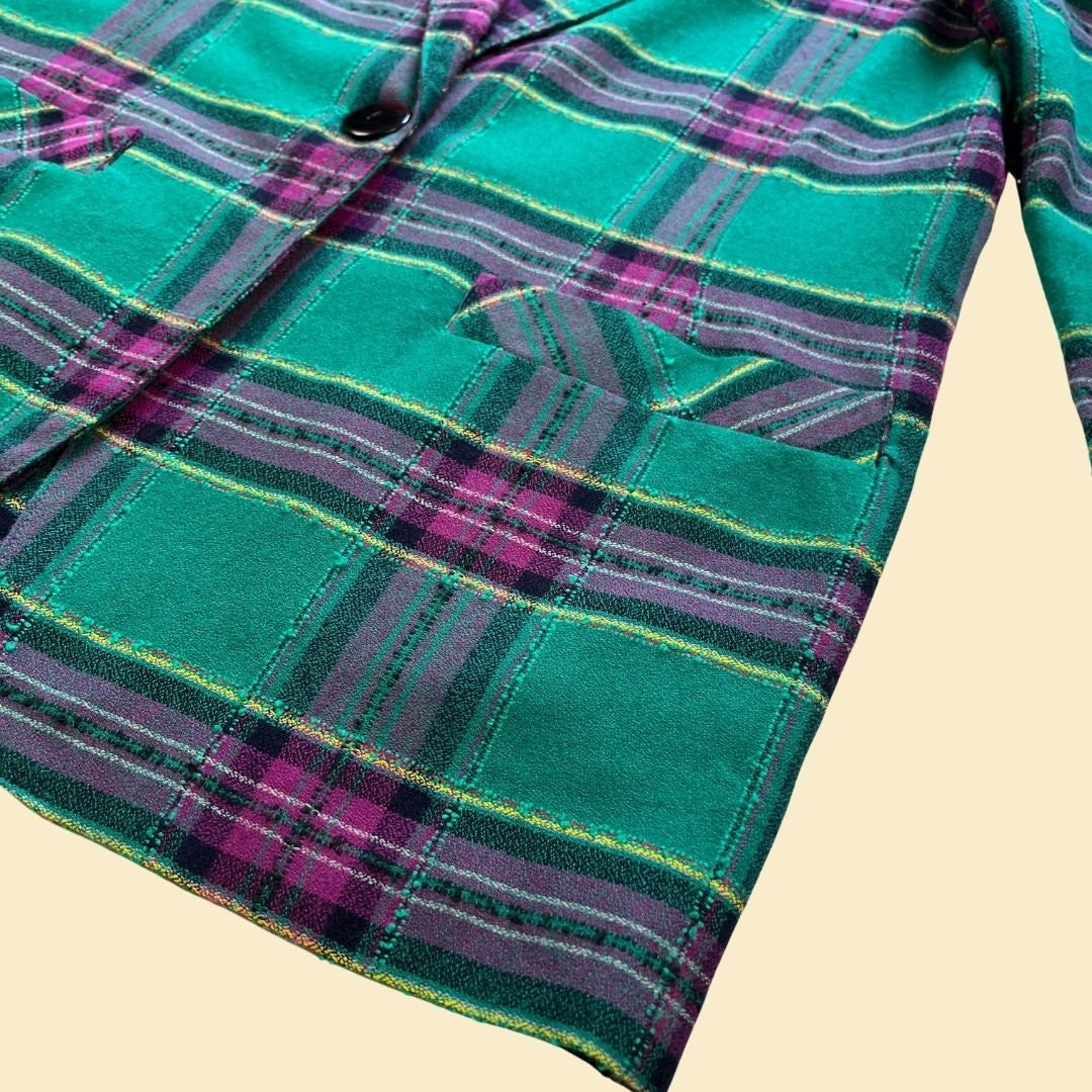 Vintage 70s/80s women's blazer by Craig Clothing Co., 1970s teal & purple plaid women's jacket