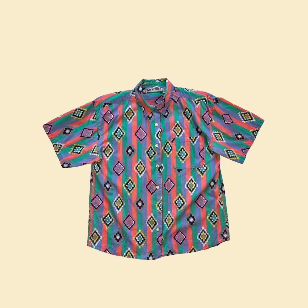 1990s size L geometric blouse by Red Rover, size L vintage 90s teal & pink patterned women's short sleeve button down