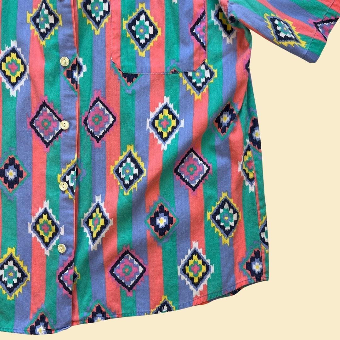 1990s size L geometric blouse by Red Rover, size L vintage 90s teal & pink patterned women's short sleeve button down