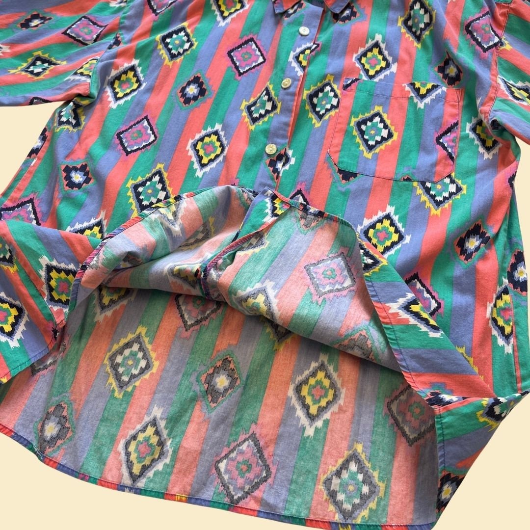 1990s size L geometric blouse by Red Rover, size L vintage 90s teal & pink patterned women's short sleeve button down