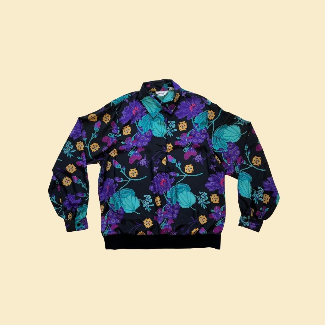 Vintage 80s/90s floral blouse, 1980s Alfred Dunner size 14 black & purple abstract flower patterned half-button-down