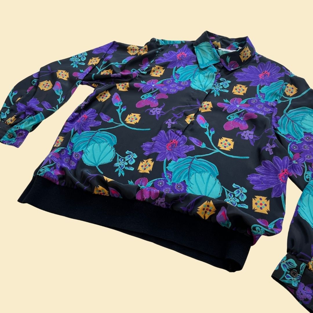 Vintage 80s/90s floral blouse, 1980s Alfred Dunner size 14 black & purple abstract flower patterned half-button-down