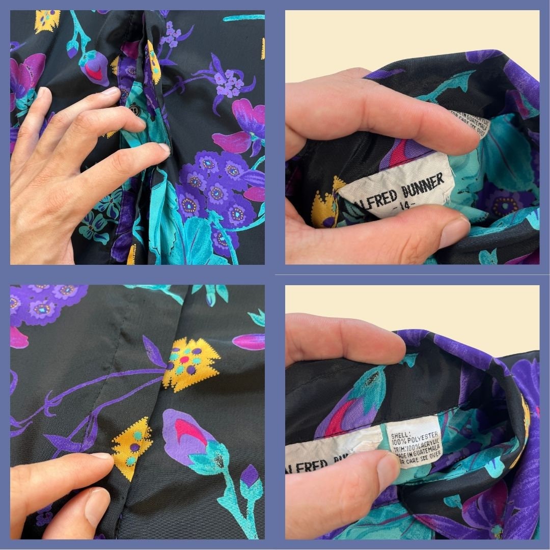 Vintage 80s/90s floral blouse, 1980s Alfred Dunner size 14 black & purple abstract flower patterned half-button-down