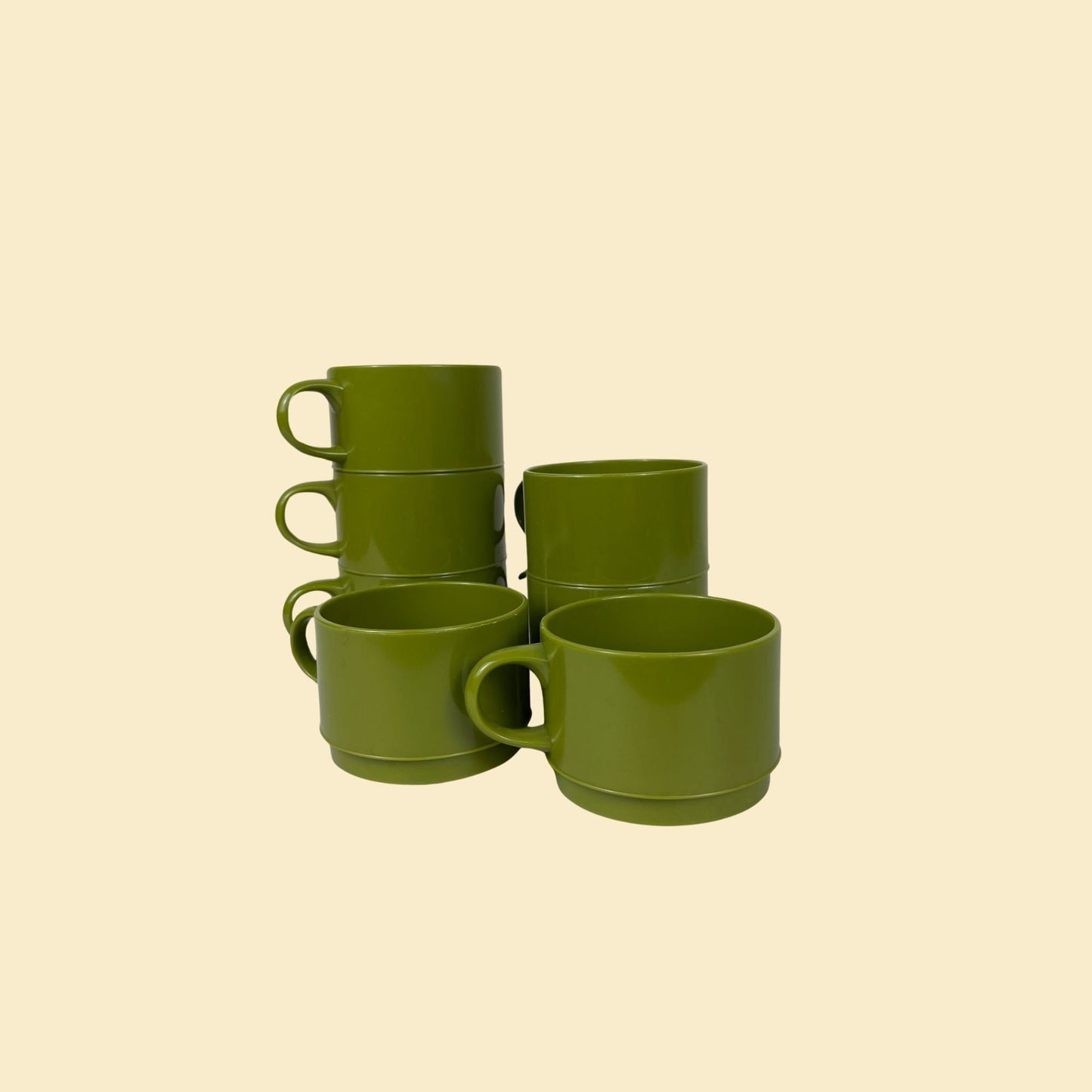 1970s avocado green cups, set of 7 vintage 70s nesting cups w/ handles