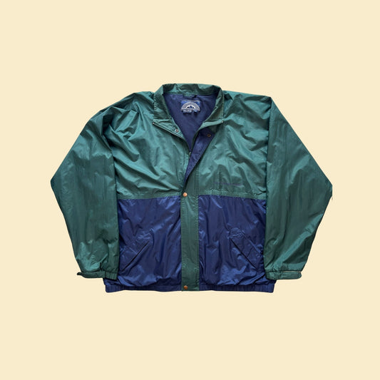 1990s XL windbreaker jacket by Sun Mountain Sports, blue & green vintage 90s zip up trainer jacket