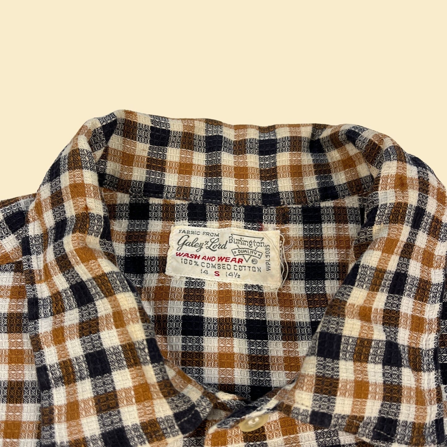 1960s men's blue checkered shirt by Burlington Industries, vintage 60s size S men's brown & blue button down