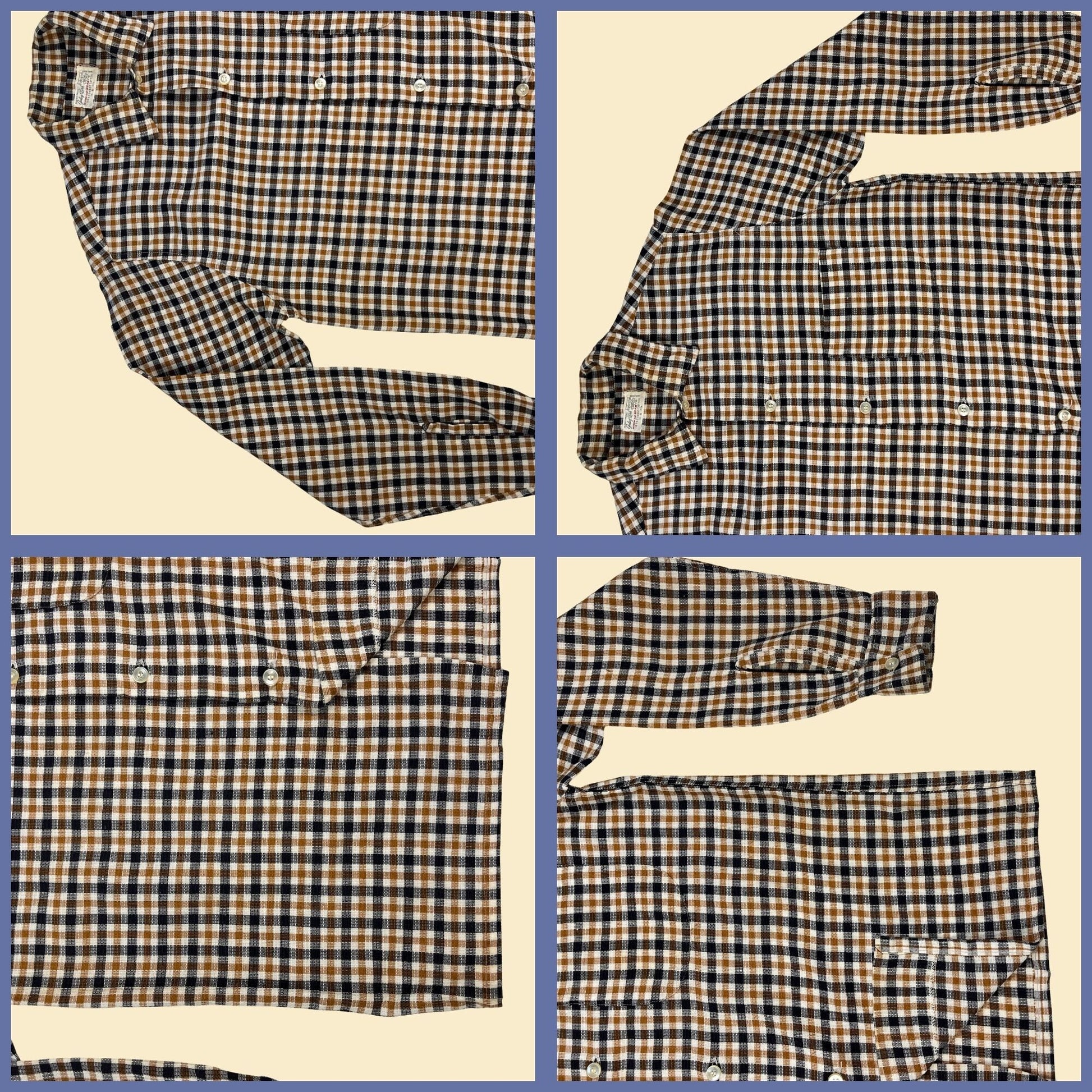 1960s men's blue checkered shirt by Burlington Industries, vintage 60s size S men's brown & blue button down