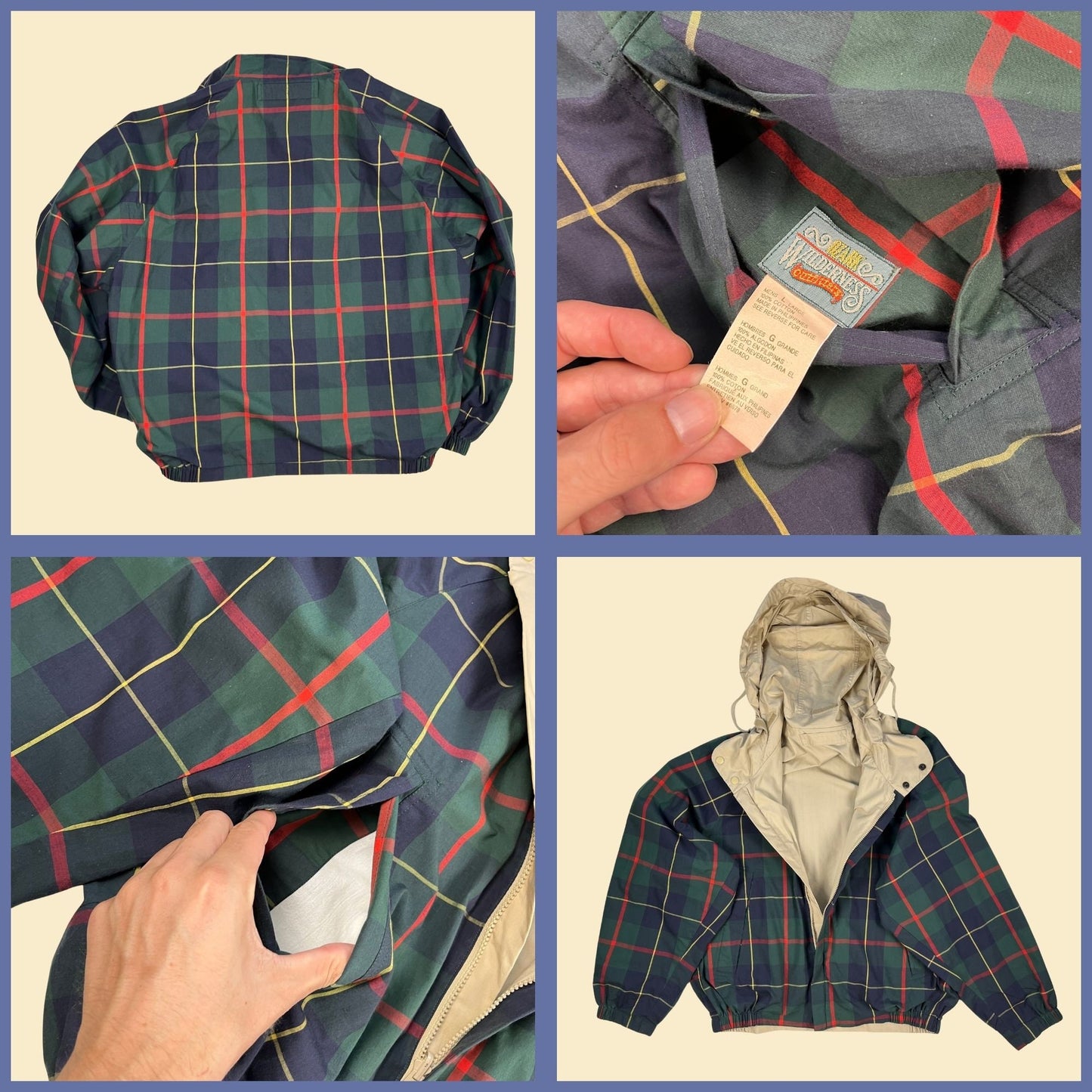 1990s reversible windbreaker by Ozark Wilderness Outfitters, size L vintage 90s tan / plaid green & blue zip up jacket