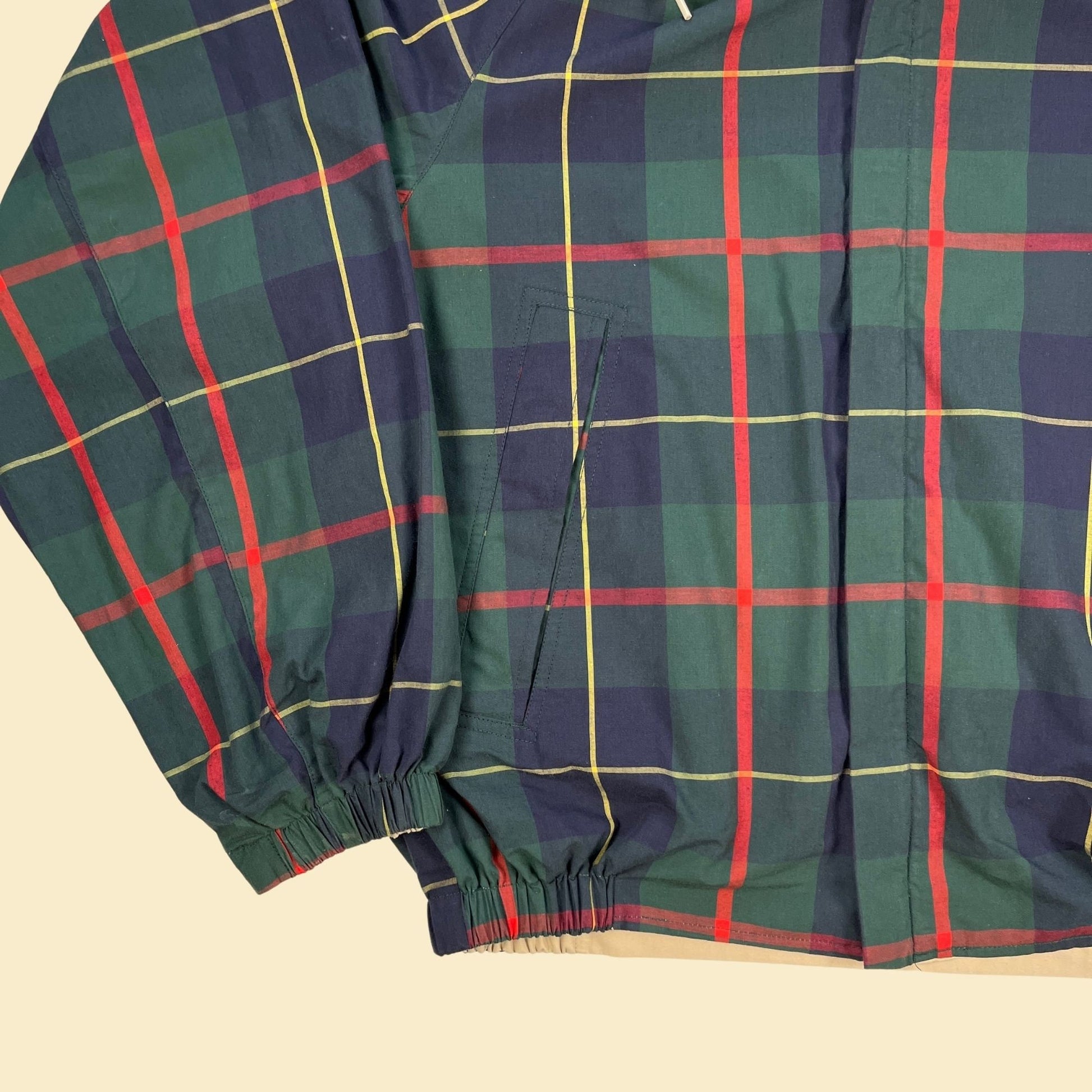 1990s reversible windbreaker by Ozark Wilderness Outfitters, size L vintage 90s tan / plaid green & blue zip up jacket