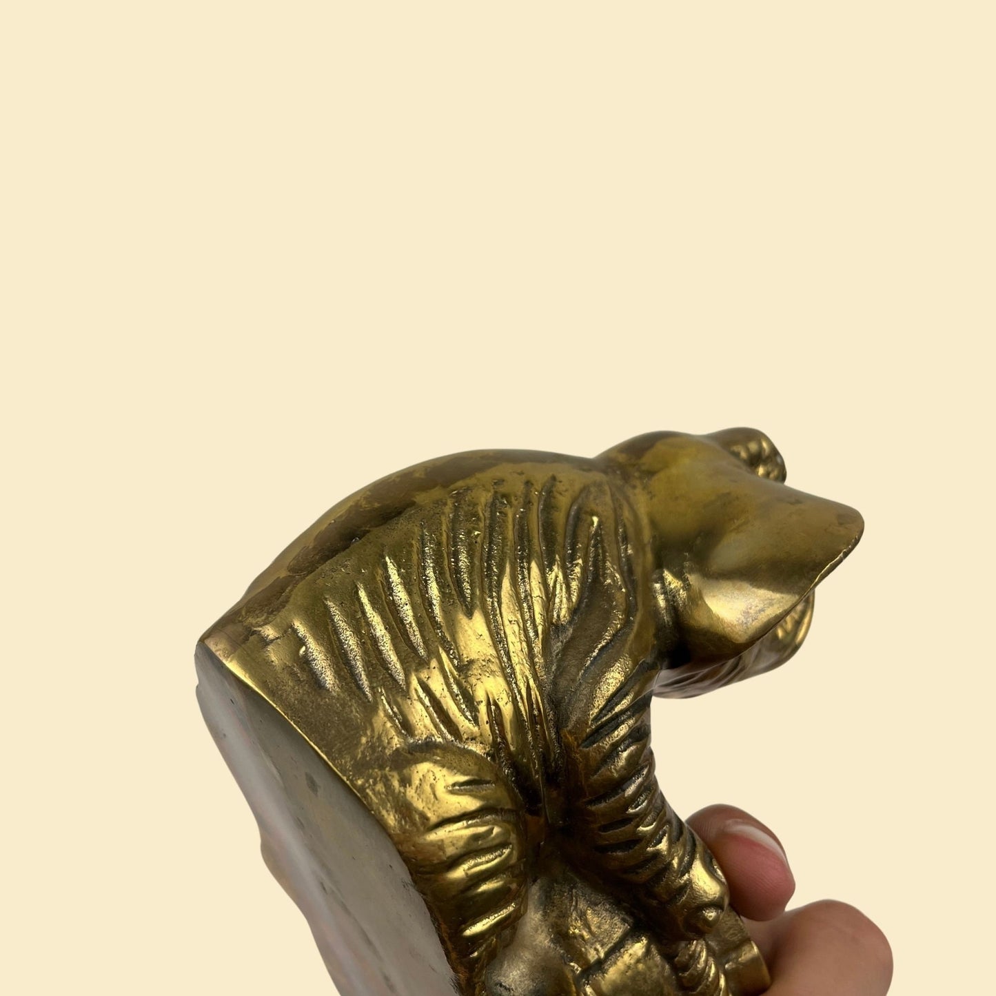 1950s brass elephant ash tray, vintage 50s solid brass ashtray w/ elephant carrying a barrel