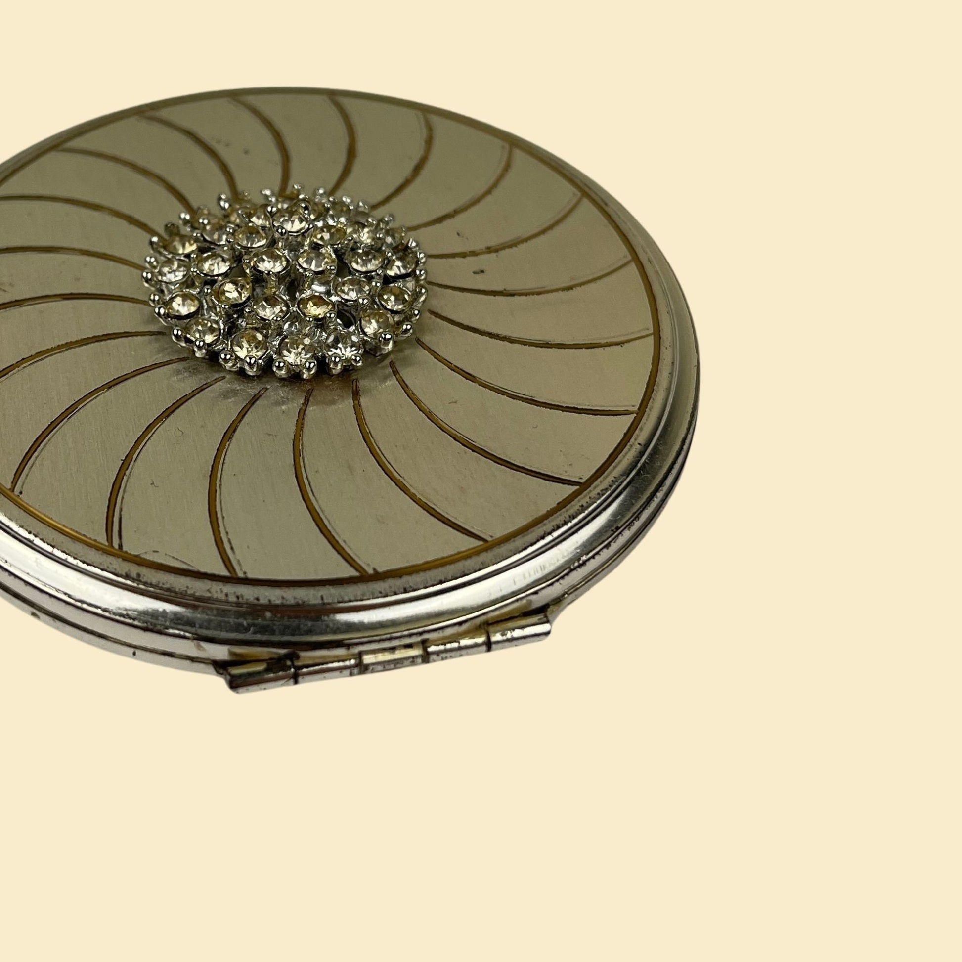 1940s Volupté compact, vintage 40s silver-toned circular compact with geometric design and rhinestones