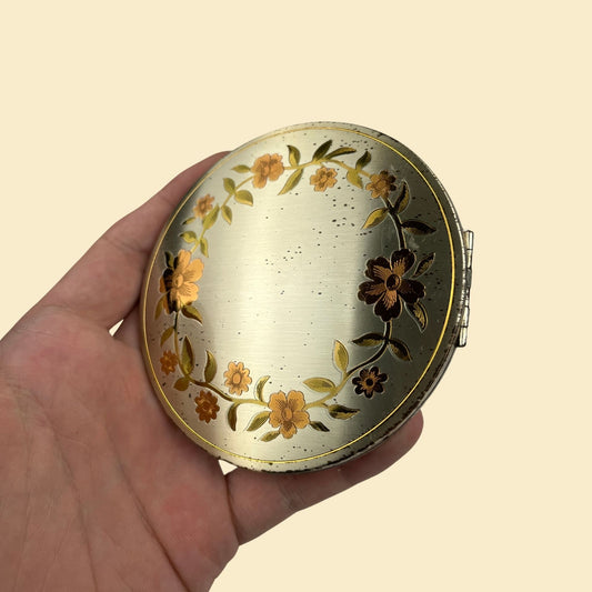 Vintage 50s Elgin American compact, 1950s silver/gold/copper-toned circular floral metal hinged makeup & powder compact