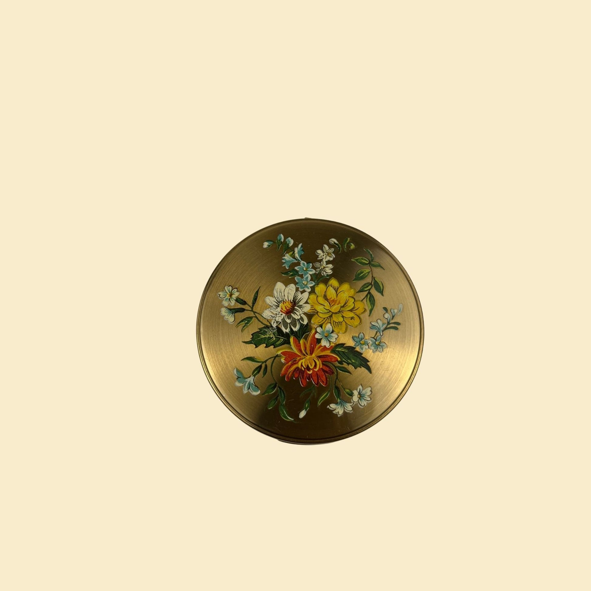 1960s Margaret Rose compact, vintage 60s gold-toned circular compact w/ red & yellow flower pattern, made in England