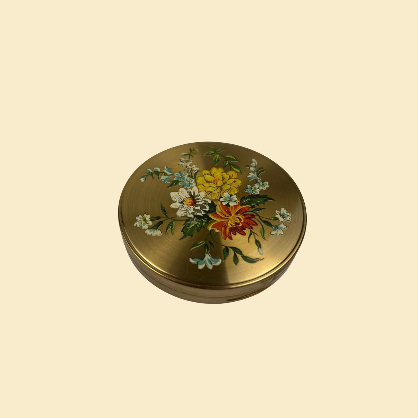 1960s Margaret Rose compact, vintage 60s gold-toned circular compact w/ red & yellow flower pattern, made in England