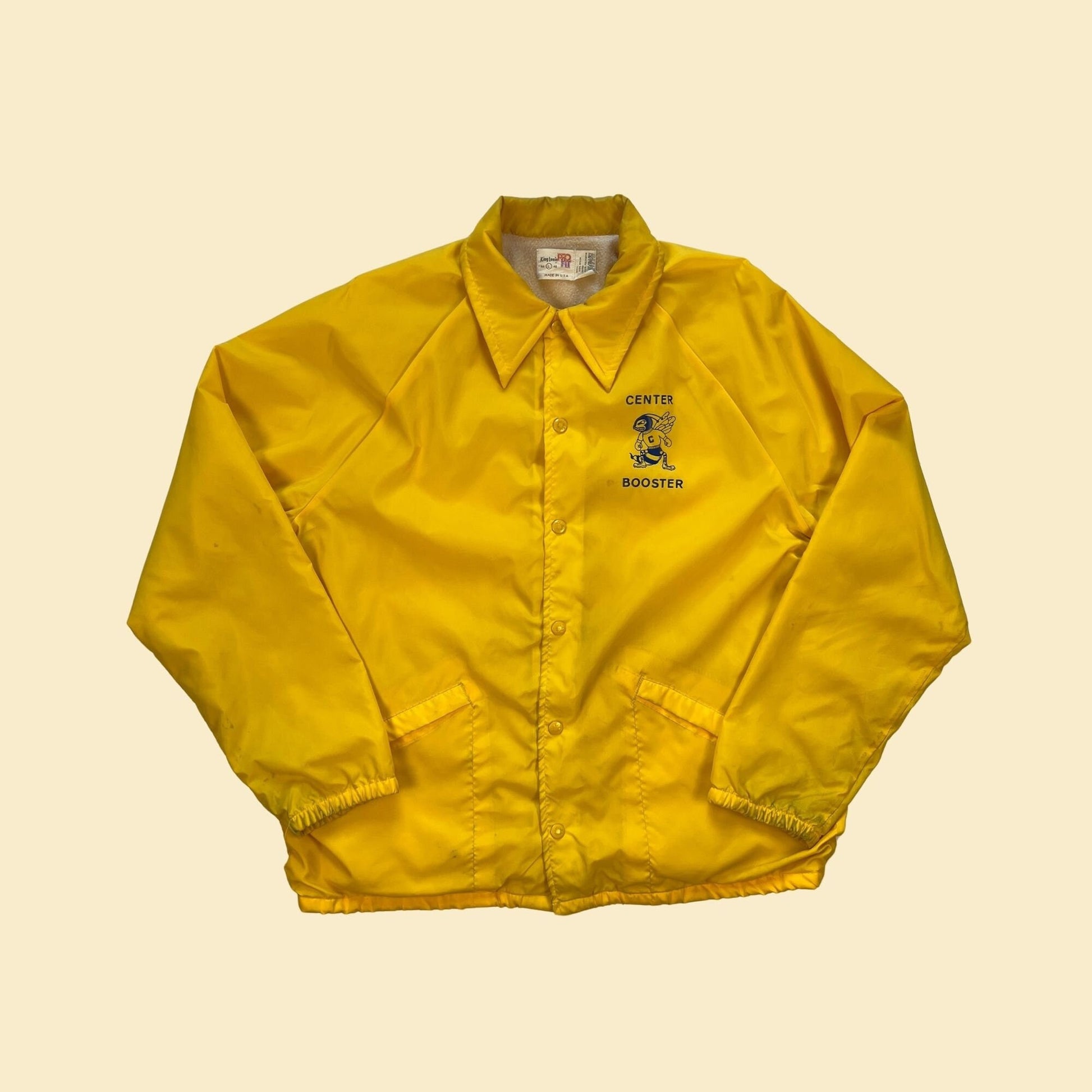 1980s yellow windbreaker by King Louie Pro Fit, size L vintage 80s blue & yellow 'Center Booster' hornets snap clasp jacket