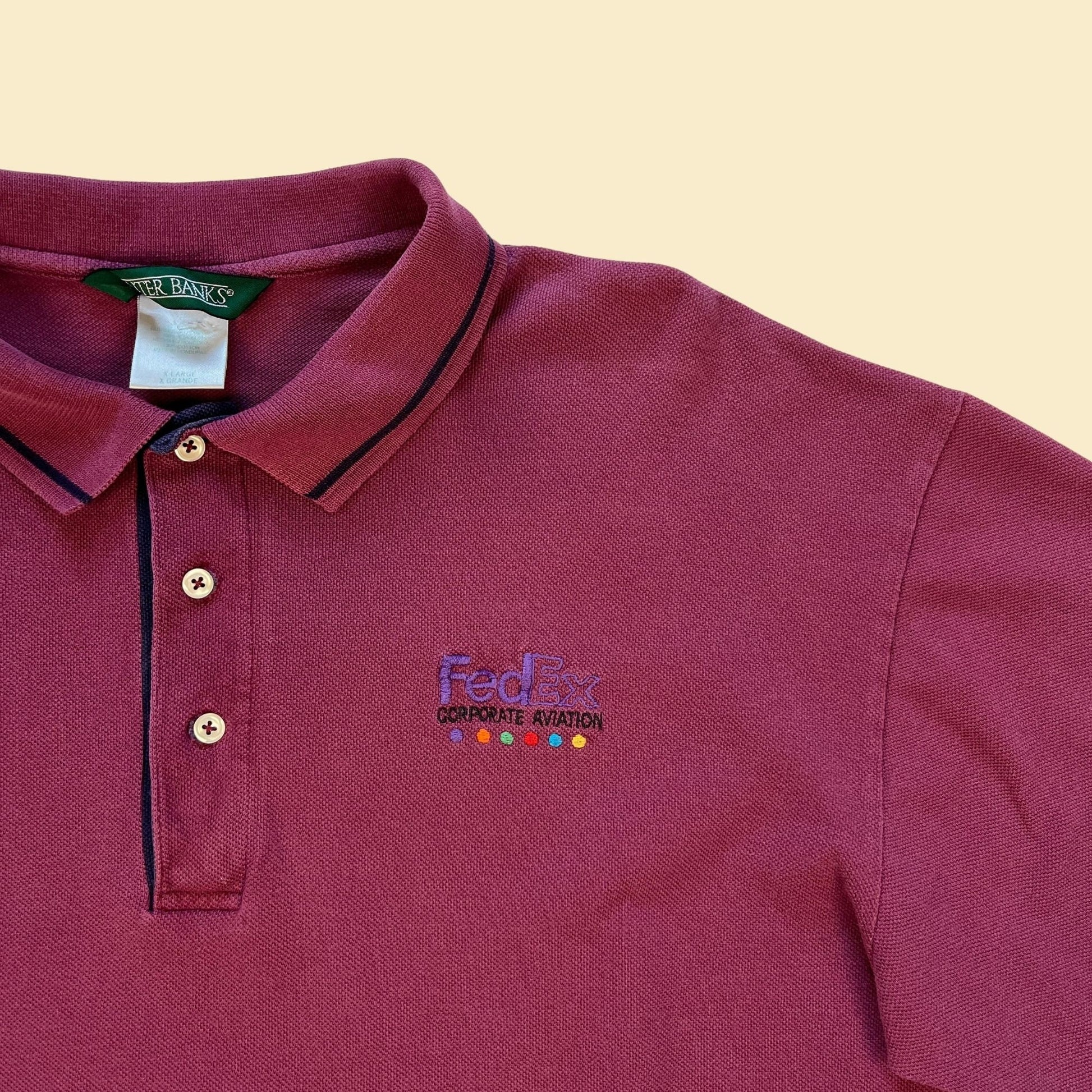 1990s FedEx polo shirt by Outer Banks, size XL vintage 90s burgundy & blue corporate aviation short sleeve men's top