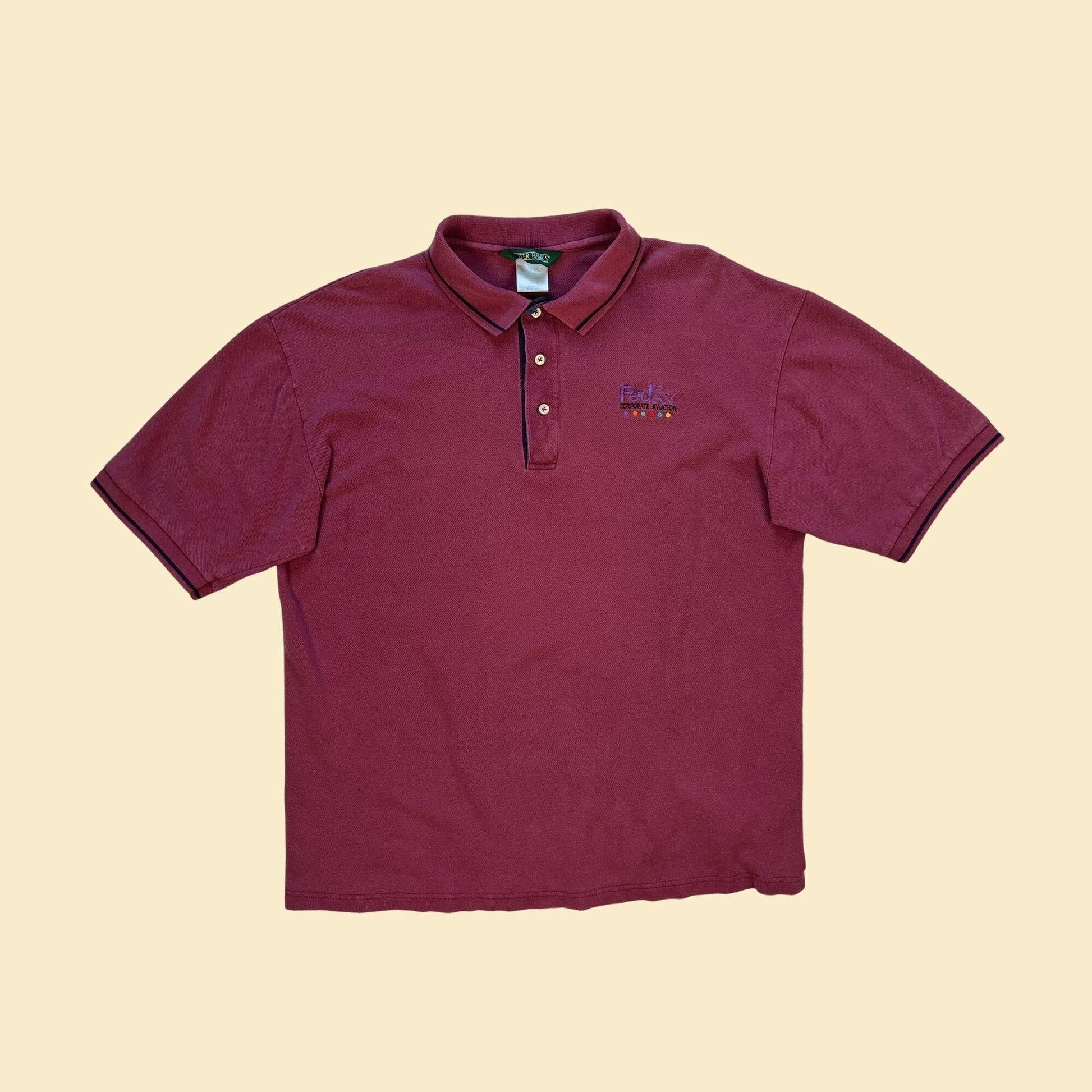 1990s FedEx polo shirt by Outer Banks, size XL vintage 90s burgundy & blue corporate aviation short sleeve men's top