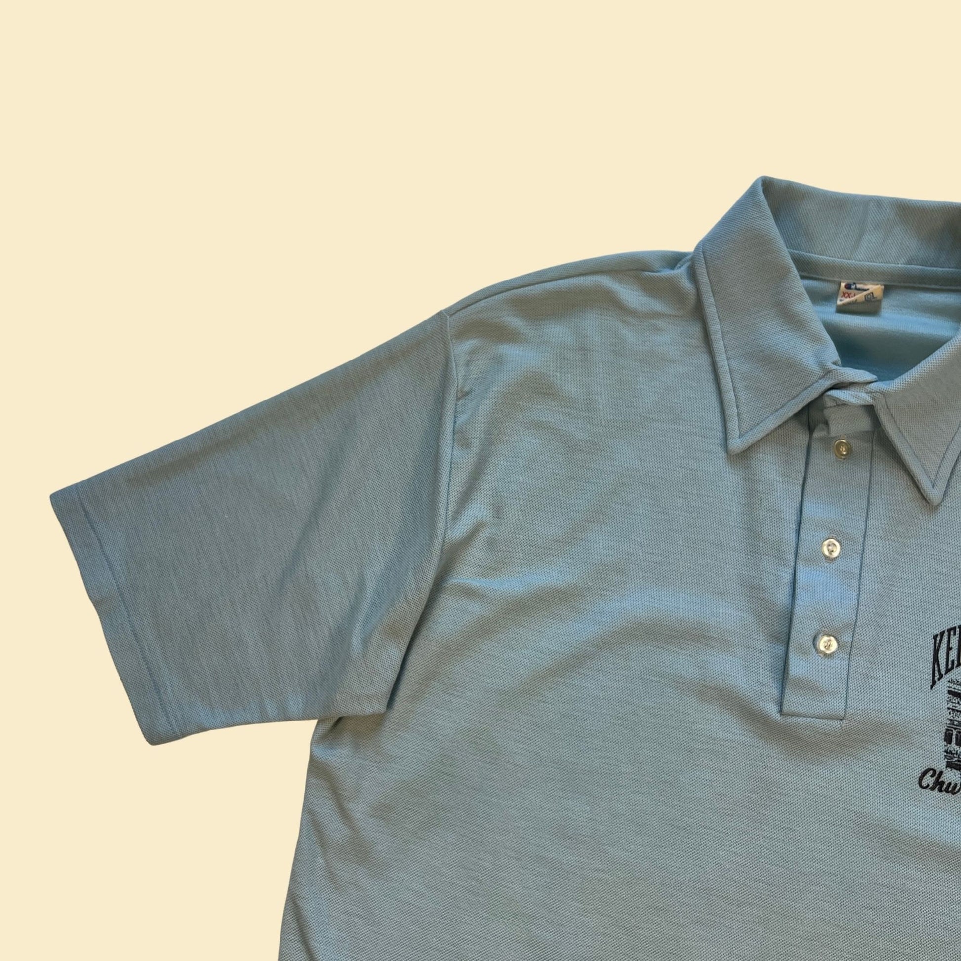 1980s Kentucky Derby polo shirt by Champion, vintage 80s XXL pastel blue short sleeve polo