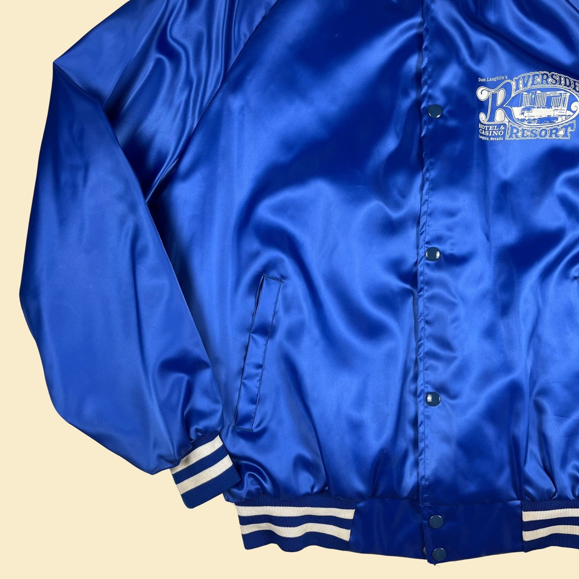 1980s Lee Western XL bomber jacket, vintage 80s satin blue casino logo windbreaker jacket