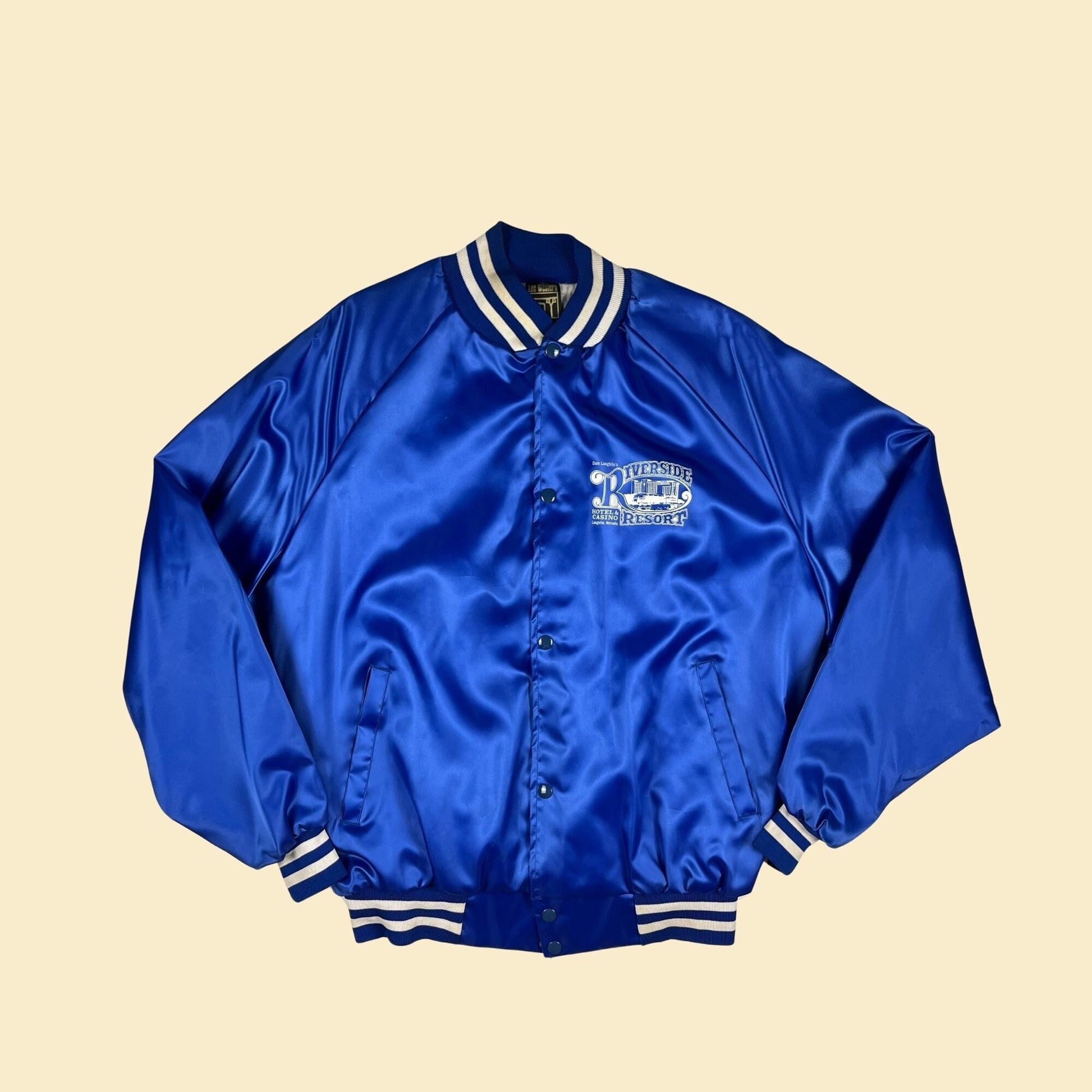 1980s Lee Western XL bomber jacket, vintage 80s satin blue casino logo windbreaker jacket