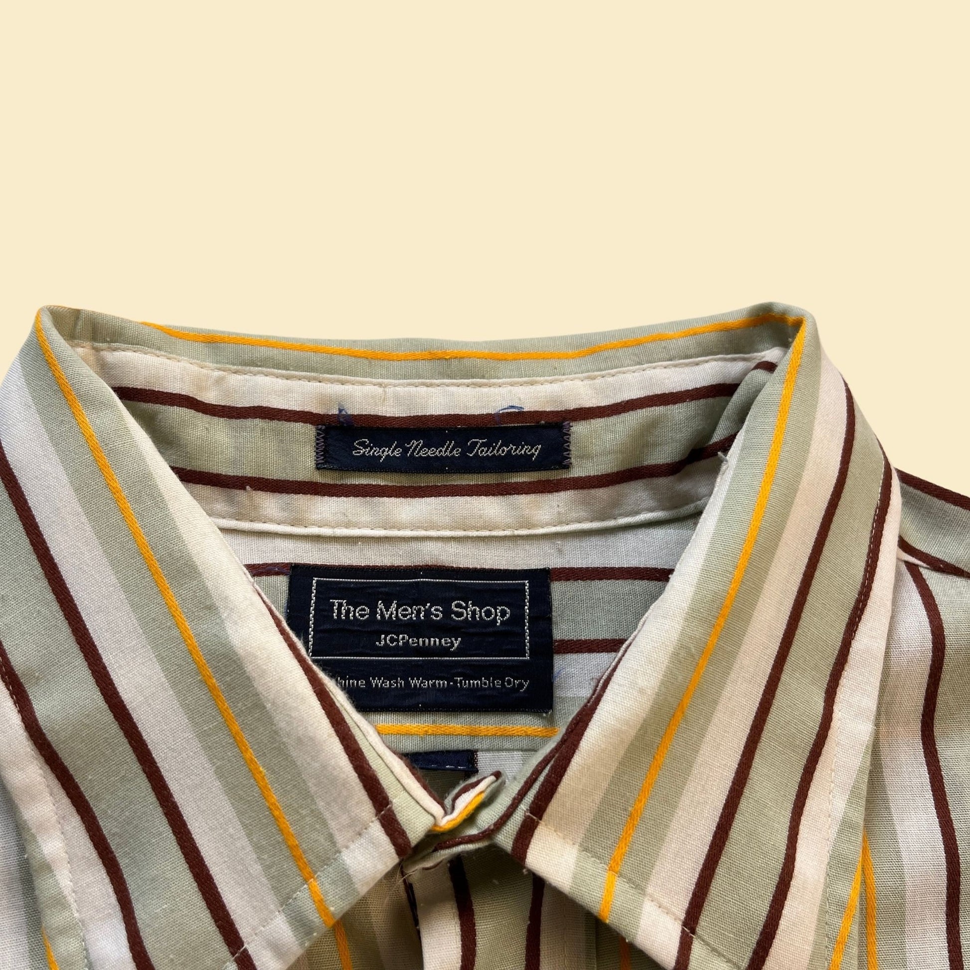 70s/80s men's striped shirt by The Men's Store, JCPenny, vintage size 17-35 burgundy, green & yellow long sleeve top